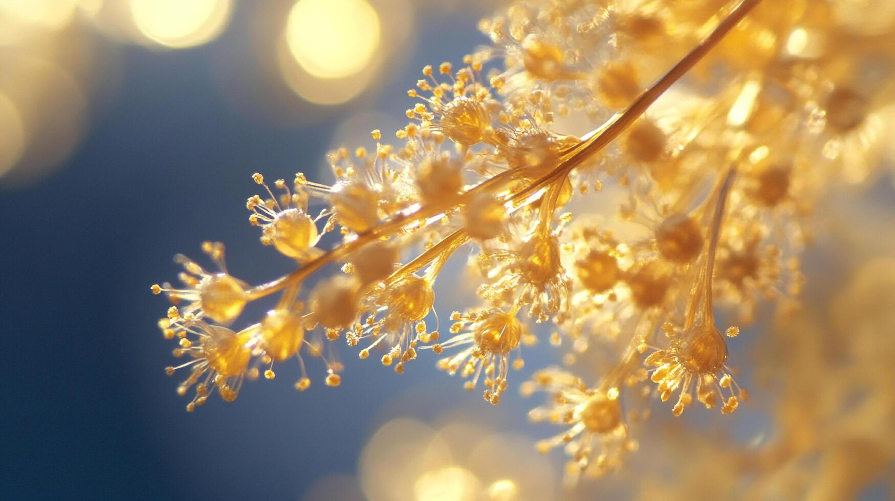 A beautiful close-up image of delicate golden flower clusters, artfully illuminated, showcasing intricate details that evoke feelings of warmth and serenity in nature. photo
