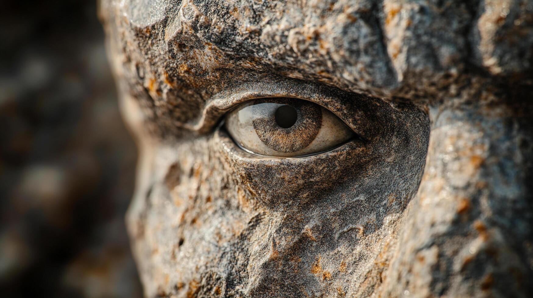 This artistic close-up captures the essence of a stone sculpture resembling an eye, blending natural textures with human-like features to evoke intrigue and contemplation. photo