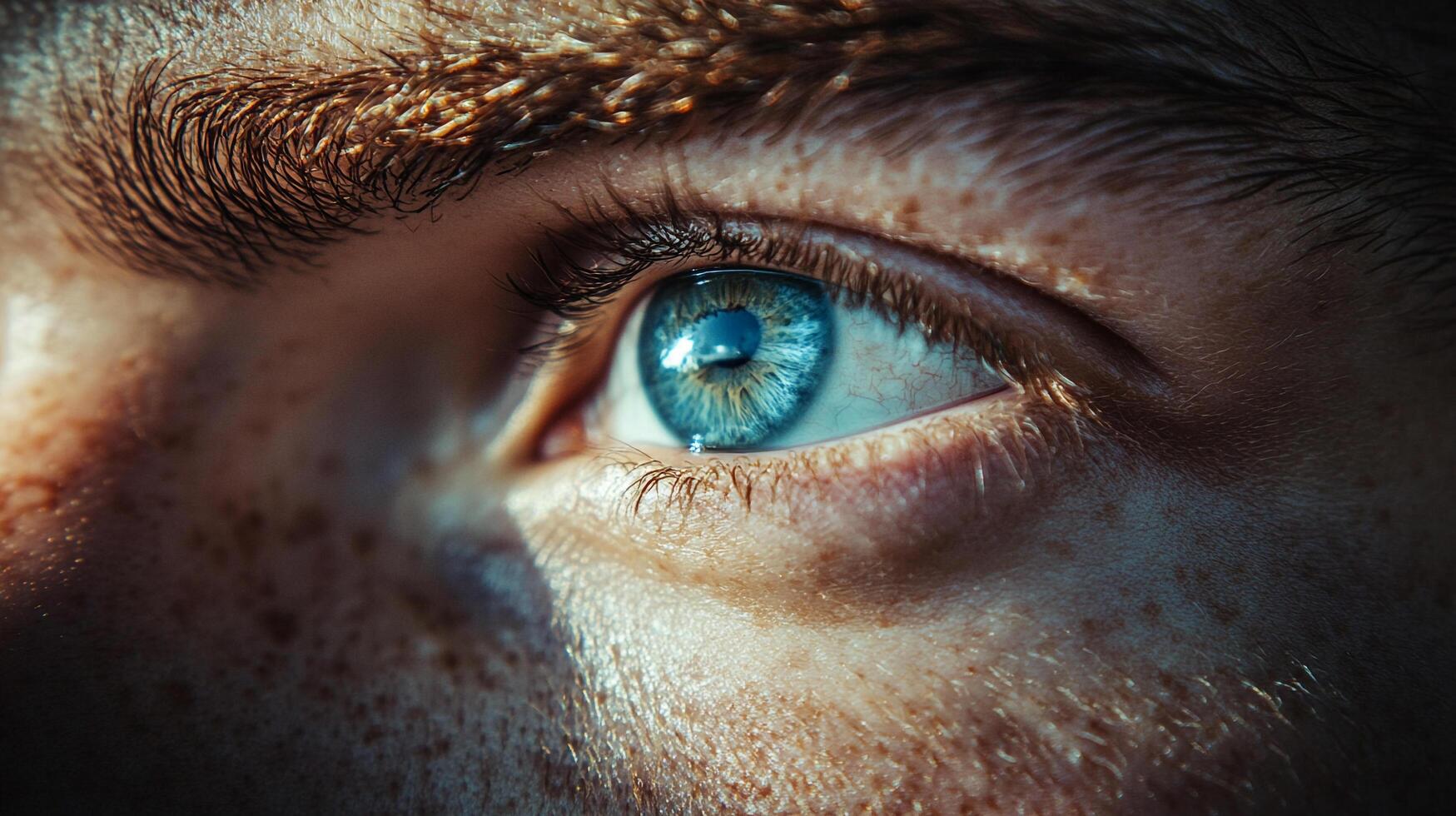 This macro shot showcases an eye with unique freckles around the iris, emphasizing the beauty of human features in intricate detail, suitable for portrait-focused themes. photo