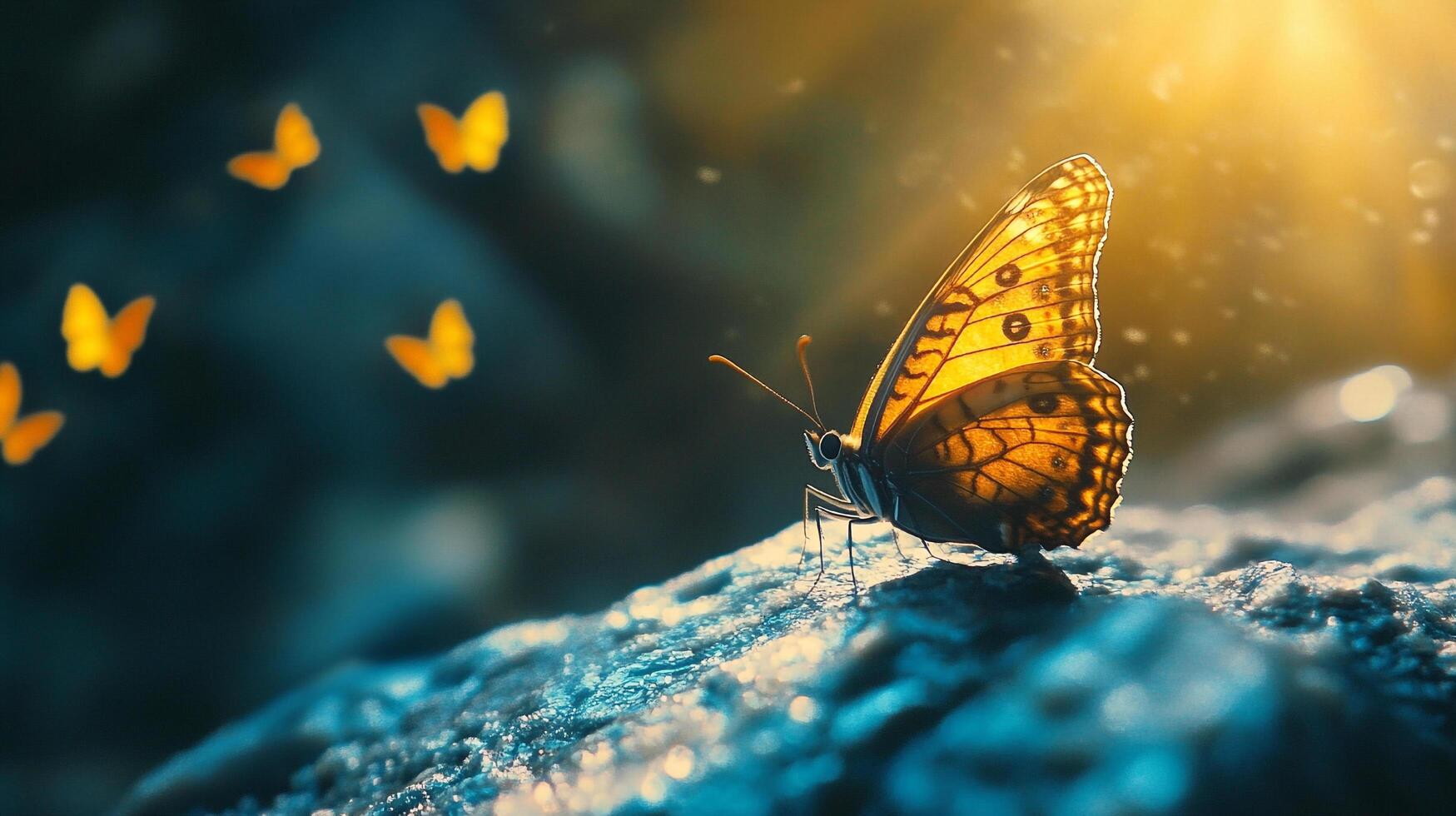 A stunning butterfly sits gracefully against a sparkling backdrop filled with light, symbolizing transformation and the ephemeral beauty of nature in a dreamlike setting. photo