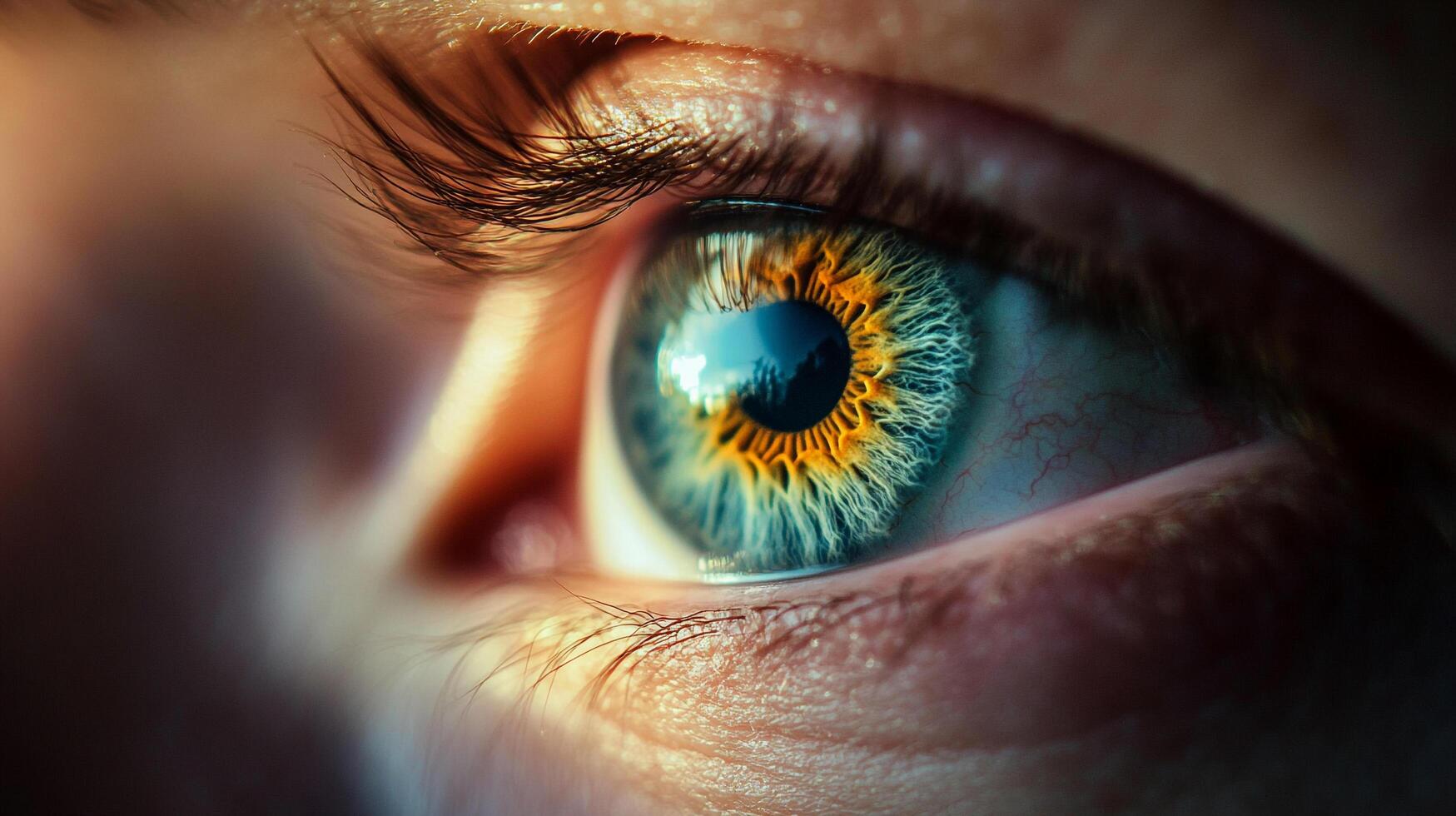 This extraordinary close-up shot of an eye reveals captivating colors and intricate patterns that reflect a stunning outdoor scene, merging human emotion with nature's artistry. photo