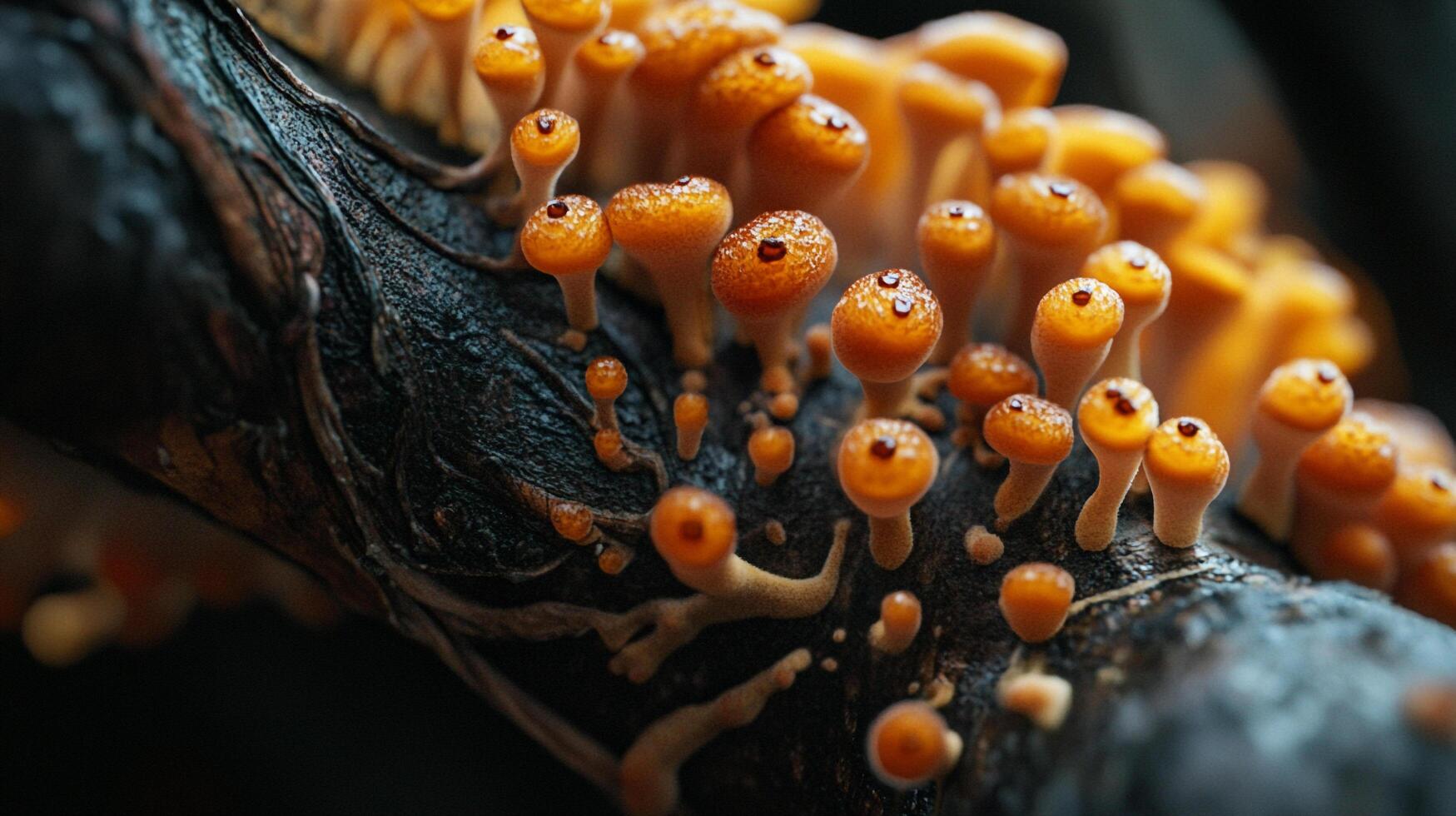 This captivating macro shot captures vibrant mushrooms growing on a wooden surface, illustrating the beauty and diversity of fungi in their natural environment. photo