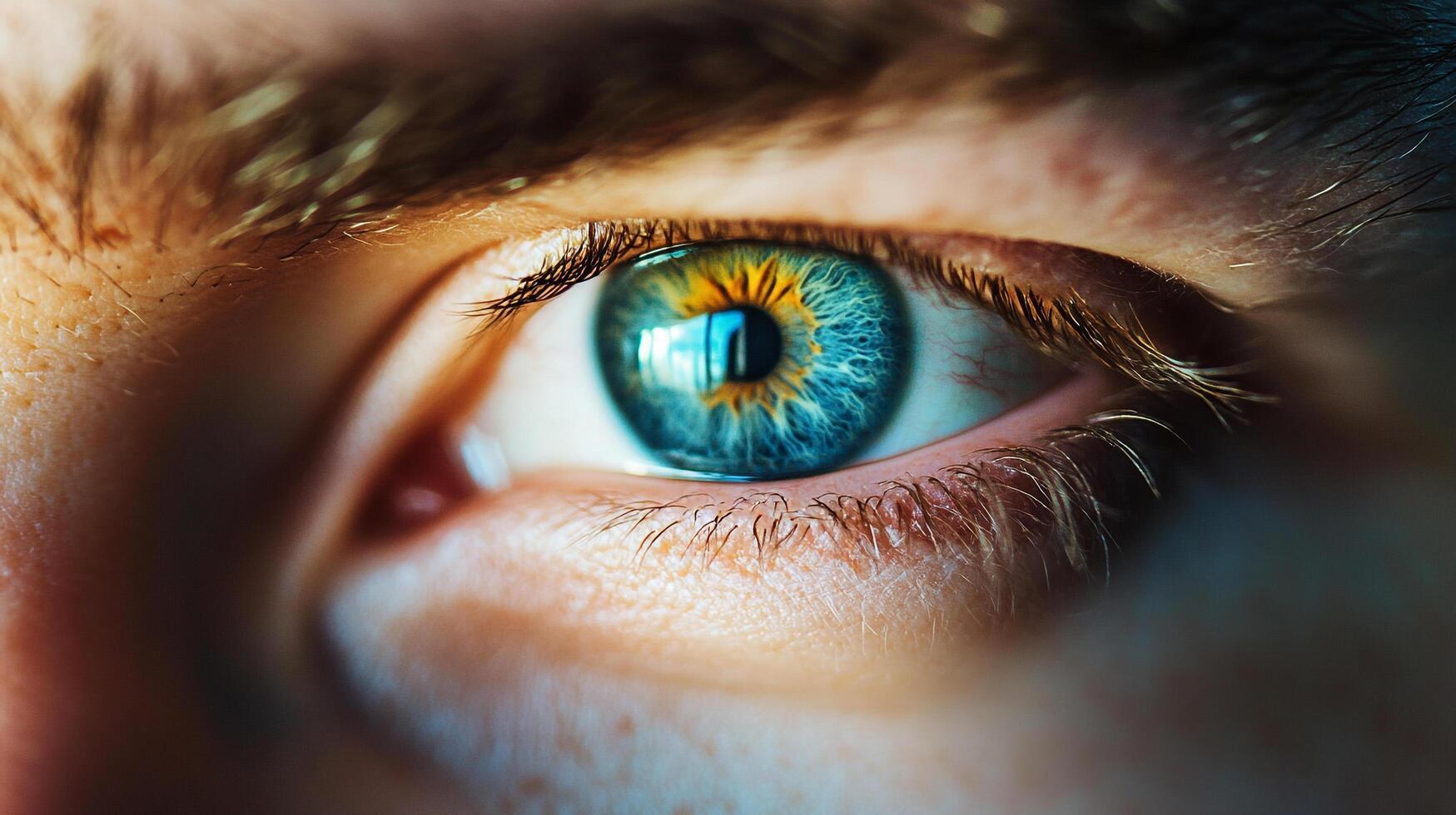 This vivid close-up of a bright blue eye features intriguing orange patterns, showcasing the mesmerizing beauty and complexity inherent in human irises. photo