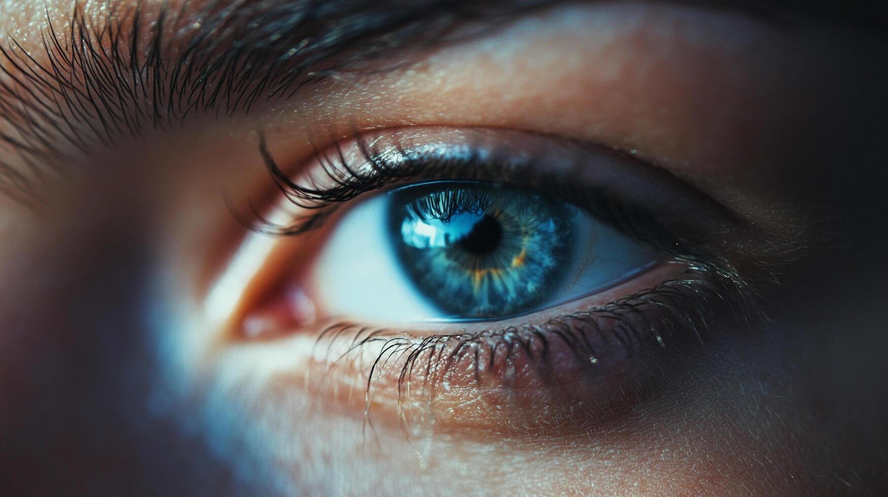This close-up of a blue eye reveals glimmering colors and intricate details, creating a mesmerizing focal point that captures the viewer's attention. photo