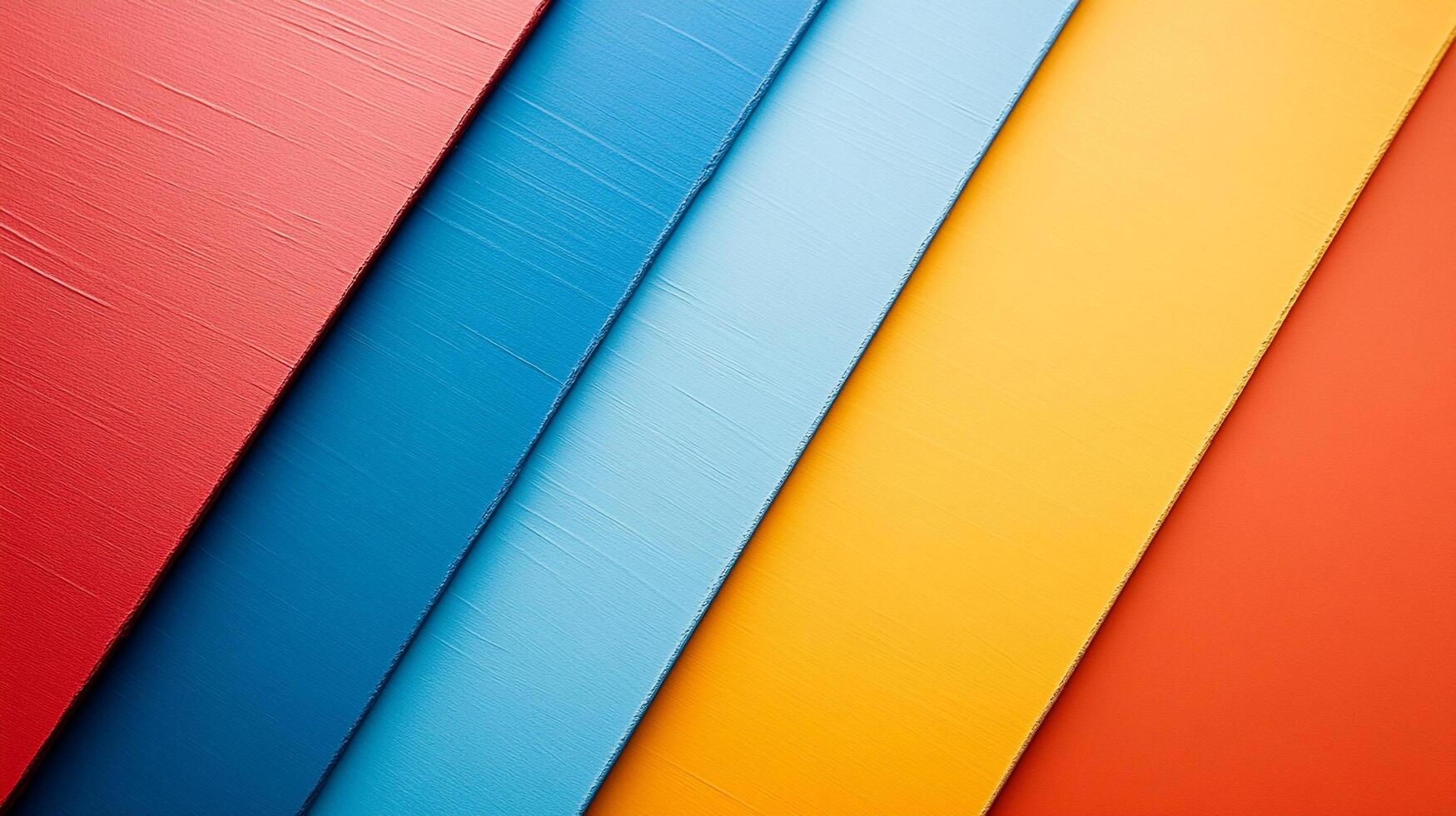 Five vibrant leather sheets in red, blue, and yellow are arranged neatly, showcasing their textures and colors, ideal for crafts, design, or fashion projects requiring color. photo