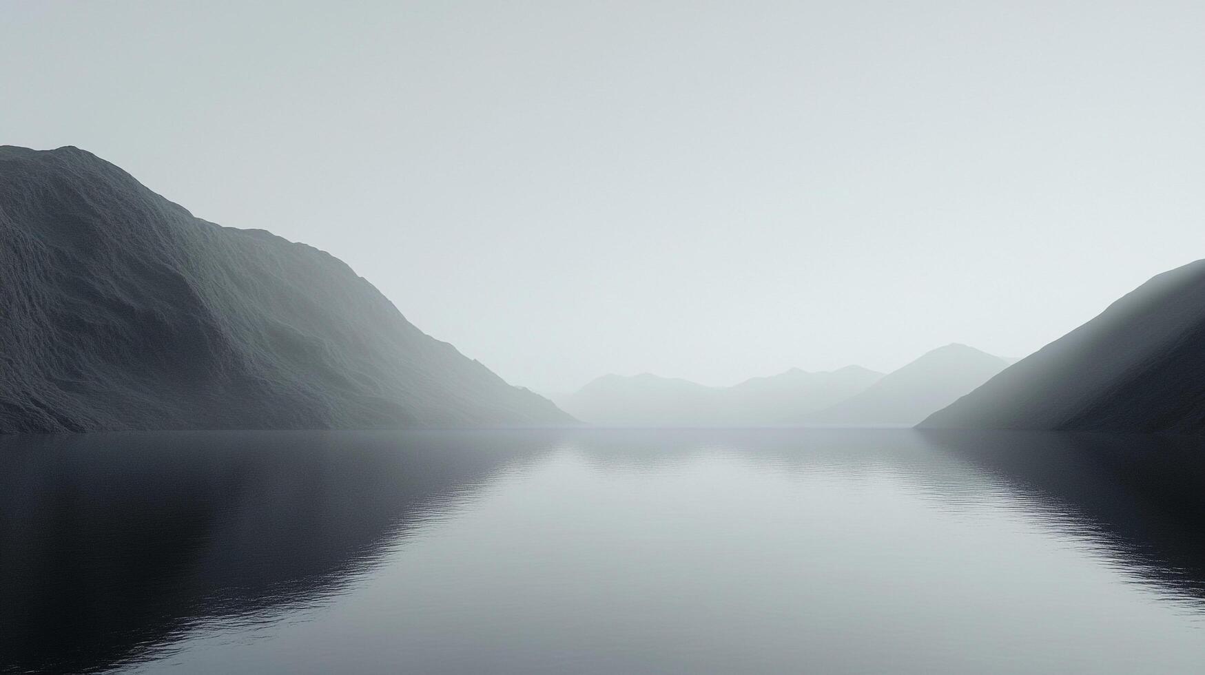This image presents a tranquil, misty landscape of gray mountains reflected on a still water surface, creating an atmosphere of serenity and peacefulness. photo