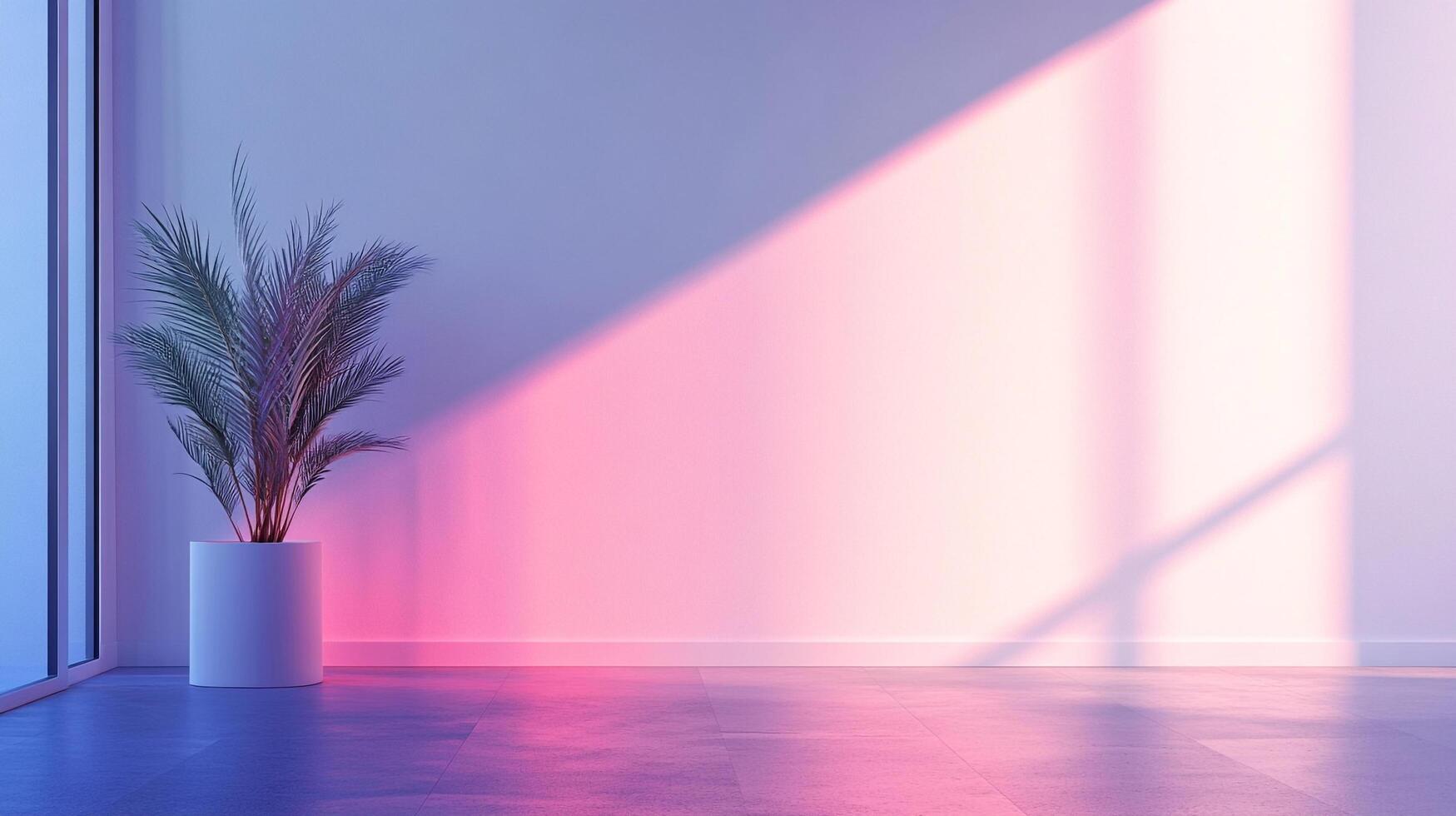 A modern space with soft pastel-colored light casting shadows on a potted plant, creating an ethereal and calming ambiance, perfect for relaxation and contemplation. photo