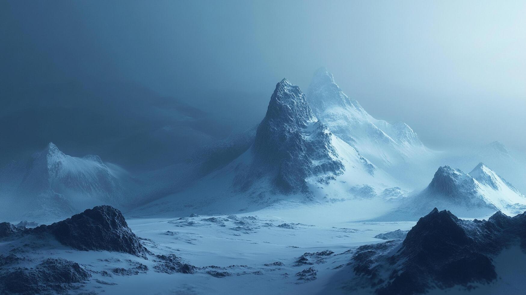 Cold blue hues envelop rugged mountain peaks, creating an ethereal landscape steeped in winter's embrace, inviting viewers into a tranquil and remote wilderness. photo