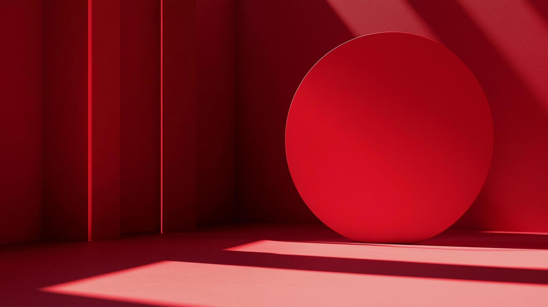 This image portrays a minimalistic scene dominated by deep red geometric shapes and striking shadows, creating a bold and intense visual experience. photo