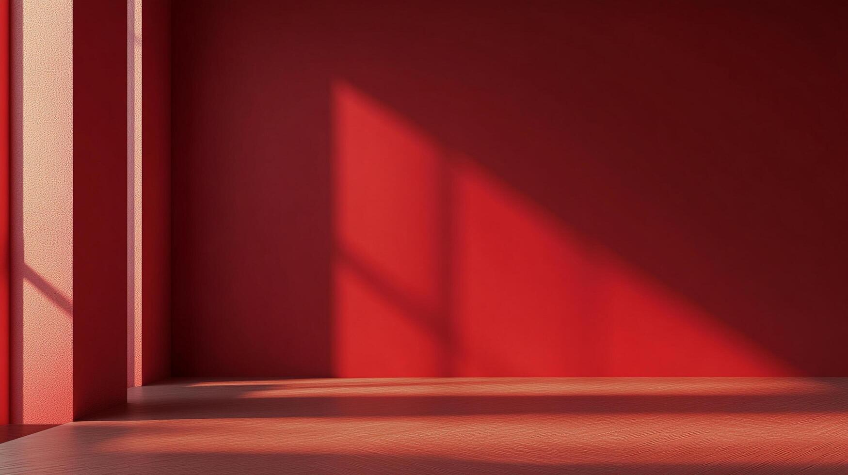 A striking red interior enriched with dynamic light patterns created by shadows from the windows, embodying warmth and artistic flair. photo