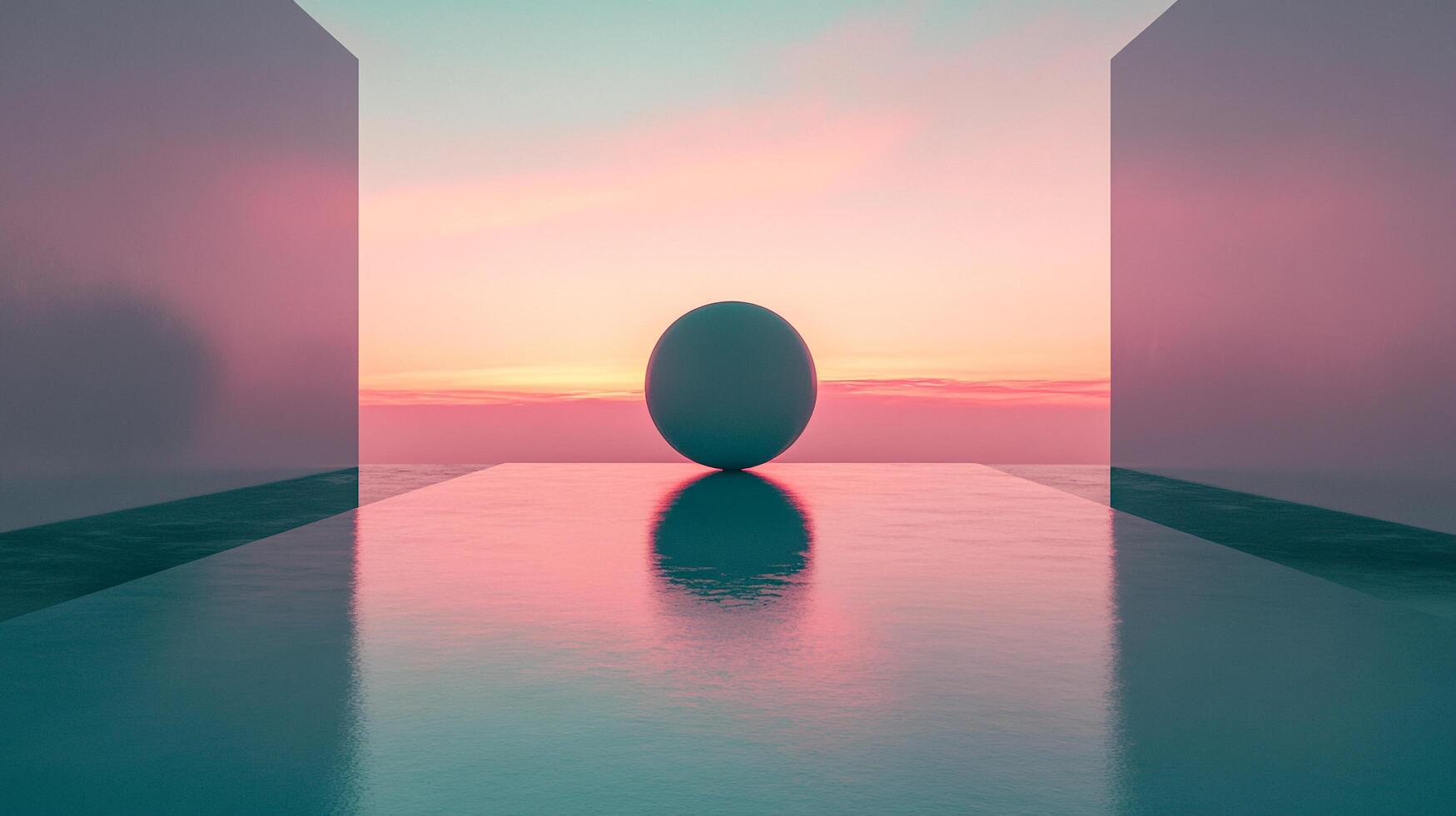 A solitary sphere levitates over a reflective surface, embodying geometric minimalism in a seamless blend of colors and shapes, creating a thought-provoking scene. photo