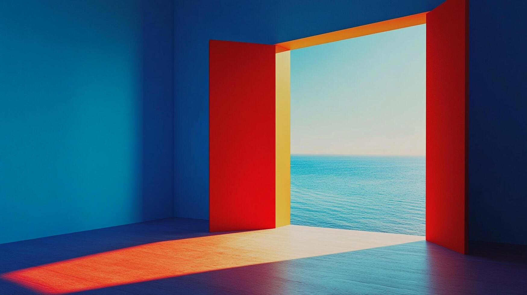 A bright and colorful doorway opening to a stunning ocean view, bathed in sunlight and inviting serenity, representing escape and adventure in a creative aesthetic setting. photo