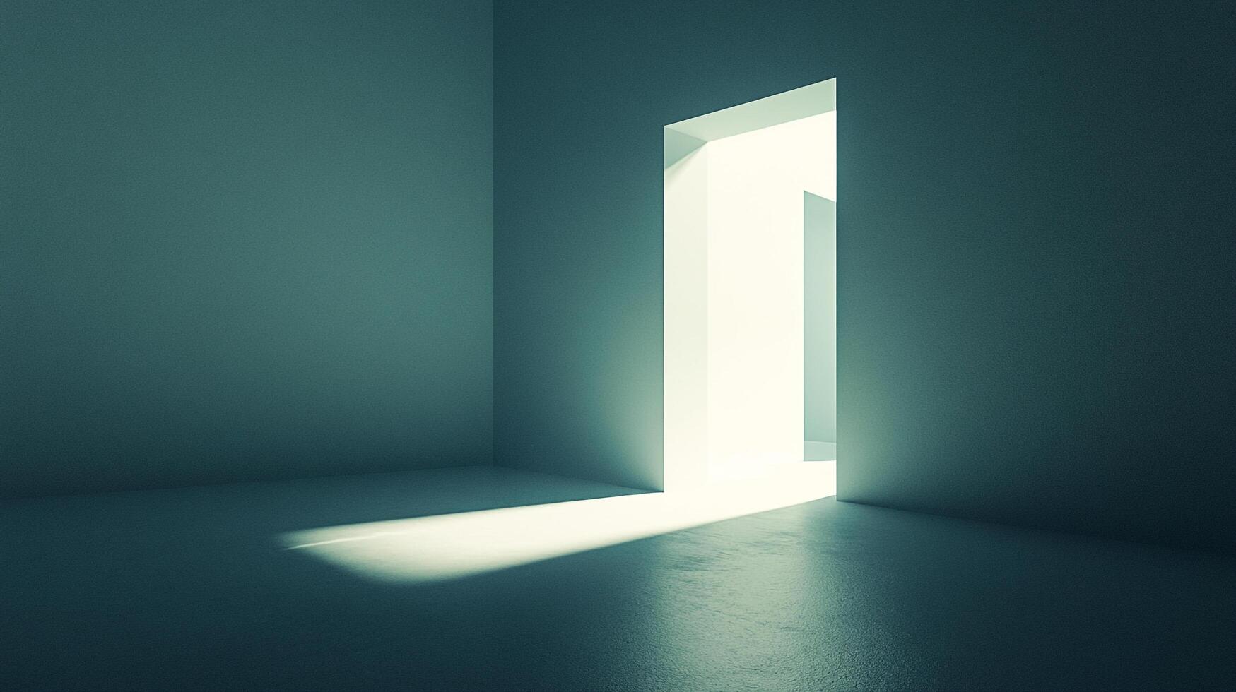 This image captures a serene room featuring an open door that allows soft, glowing light to illuminate the space, suggesting possibilities and new beginnings. photo