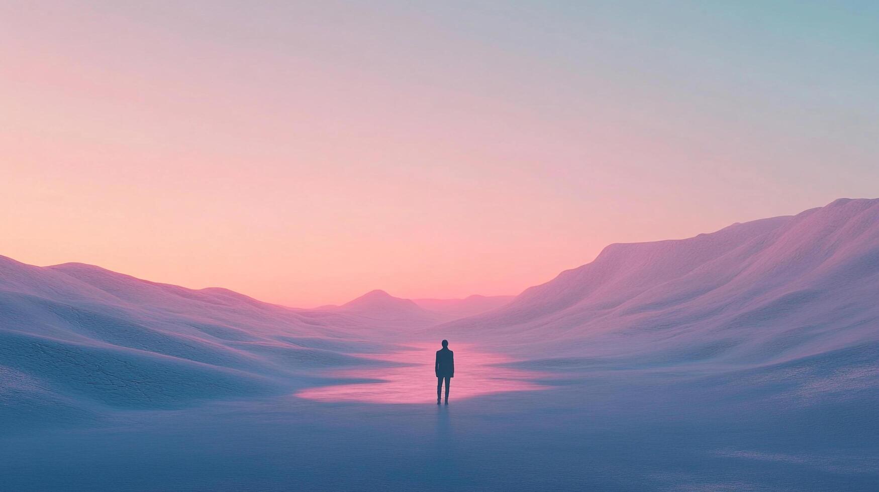 A solitary figure stands in a vast, dreamlike landscape, surrounded by ethereal mountains and soft pastel colors, creating a powerful sense of solitude and introspection. photo