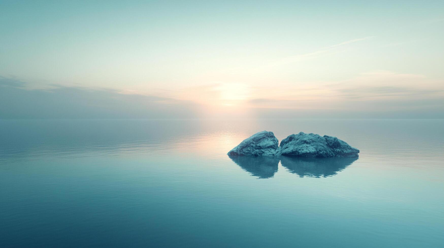 The serene image of two rocks amidst the calm waters, illuminated by the soft golden light of dusk, invites tranquility and reflection on nature's enduring beauty. photo
