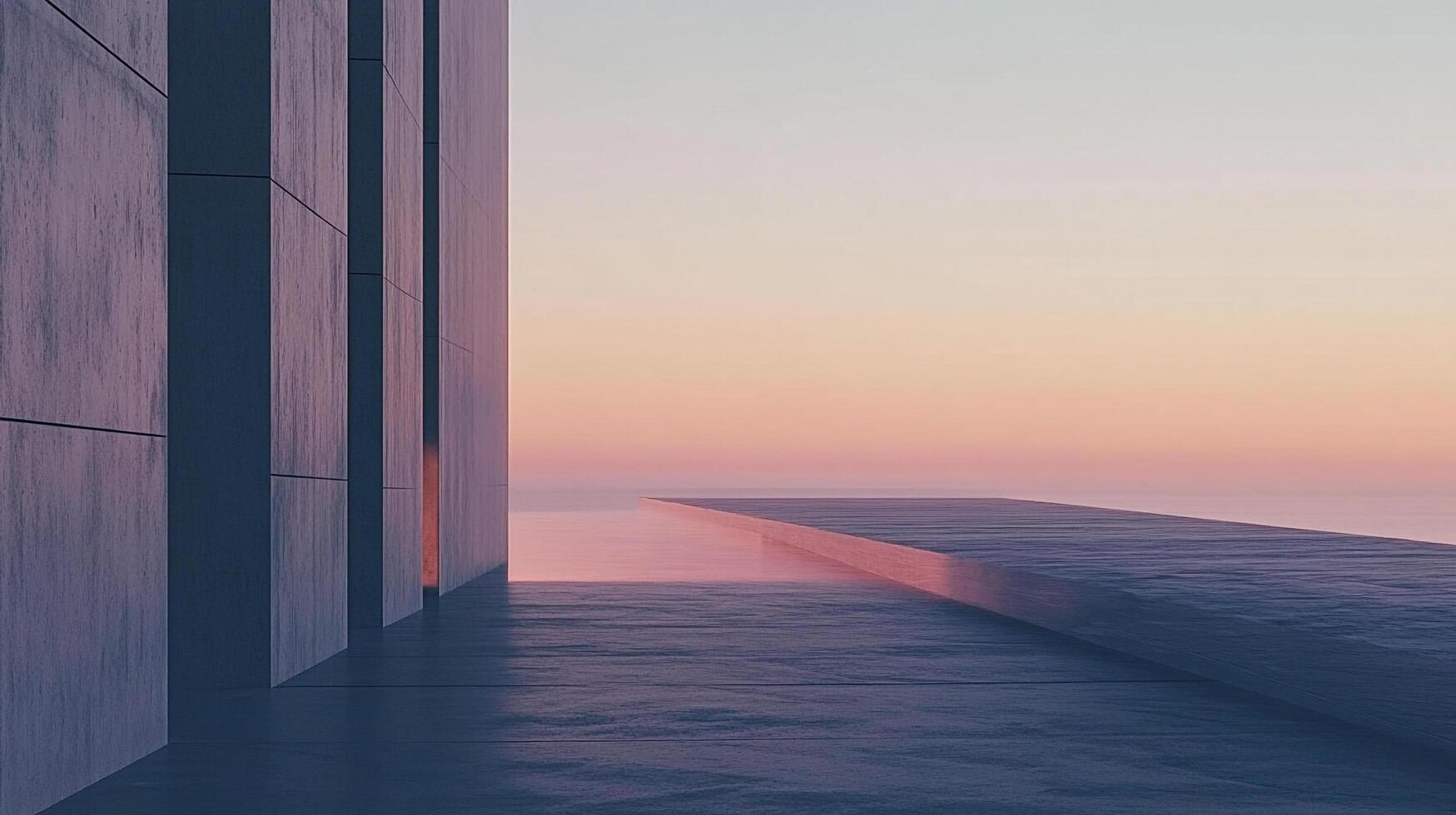 An abstract architectural structure extends toward a tranquil body of water, symbolizing a seamless blend of modernity and the serene beauty of natural elements. photo