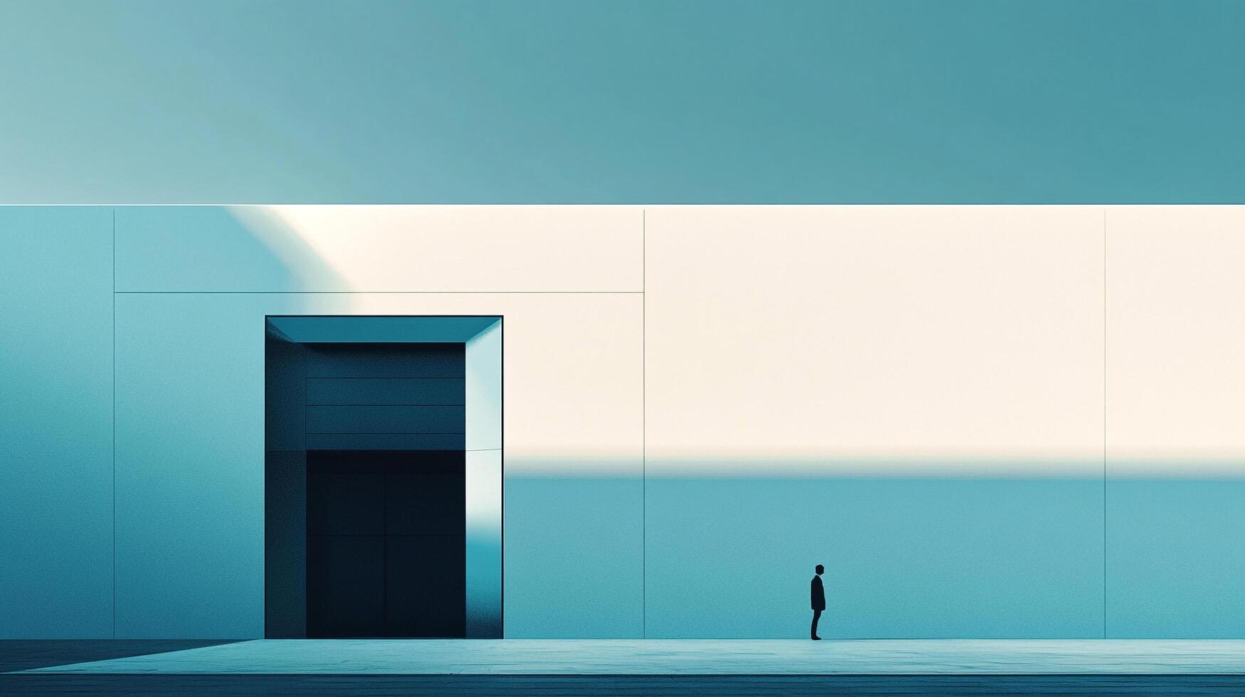 A solitary figure stands before a striking minimalistic architectural facade, bathed in soft light, illustrating themes of solitude and reflection in a modern context. photo