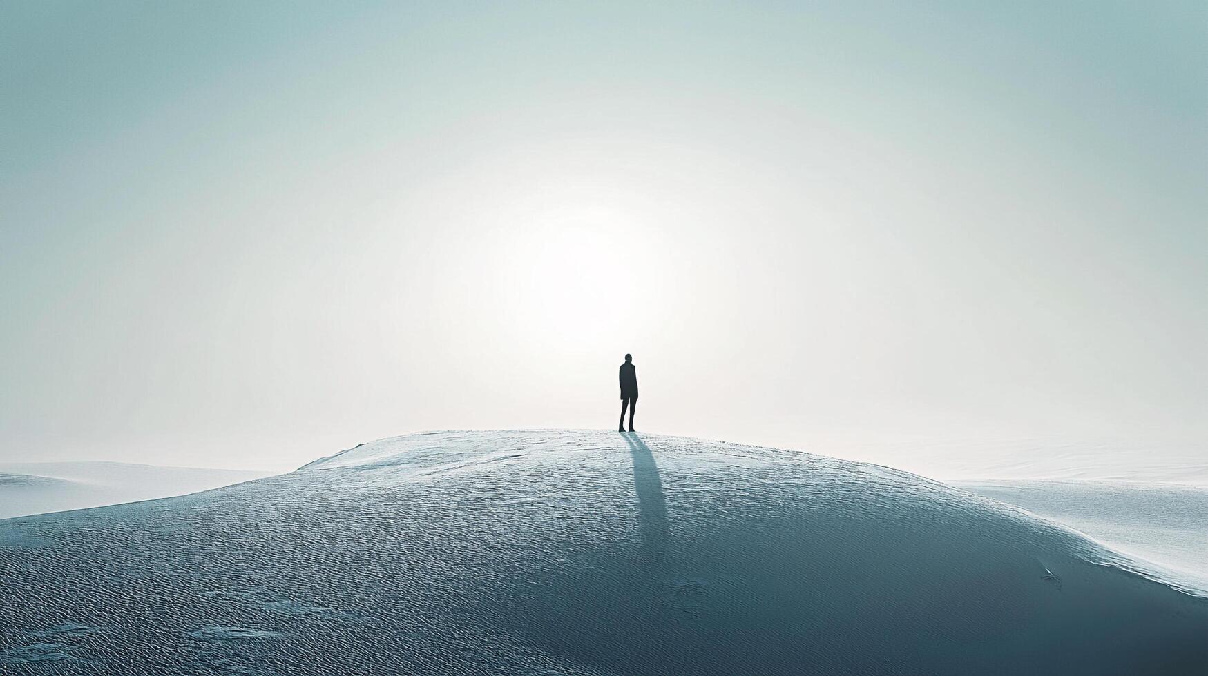 A lone figure stands on a snow-covered landscape, bathed in bright light, symbolizing resilience and the stark beauty of solitude amidst the harshness of winter's embrace in nature. photo