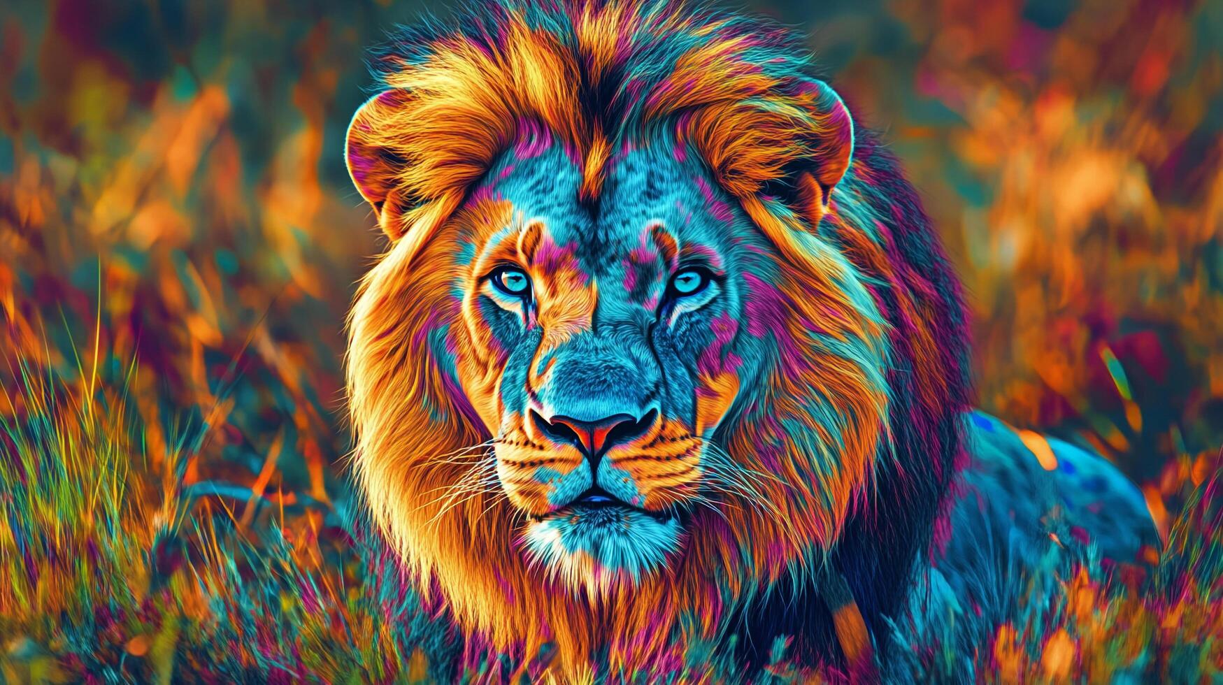 Vibrant lion portrait with bright hues and artistic flair, creating a captivating and unique depiction of the majestic animal. photo