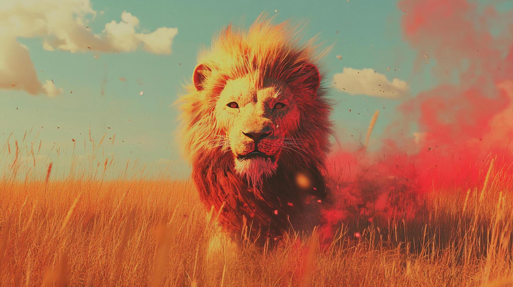 A majestic lion emerges from a golden field, partially obscured by a cloud of vibrant red dust, under a blue sky with wispy clouds. photo