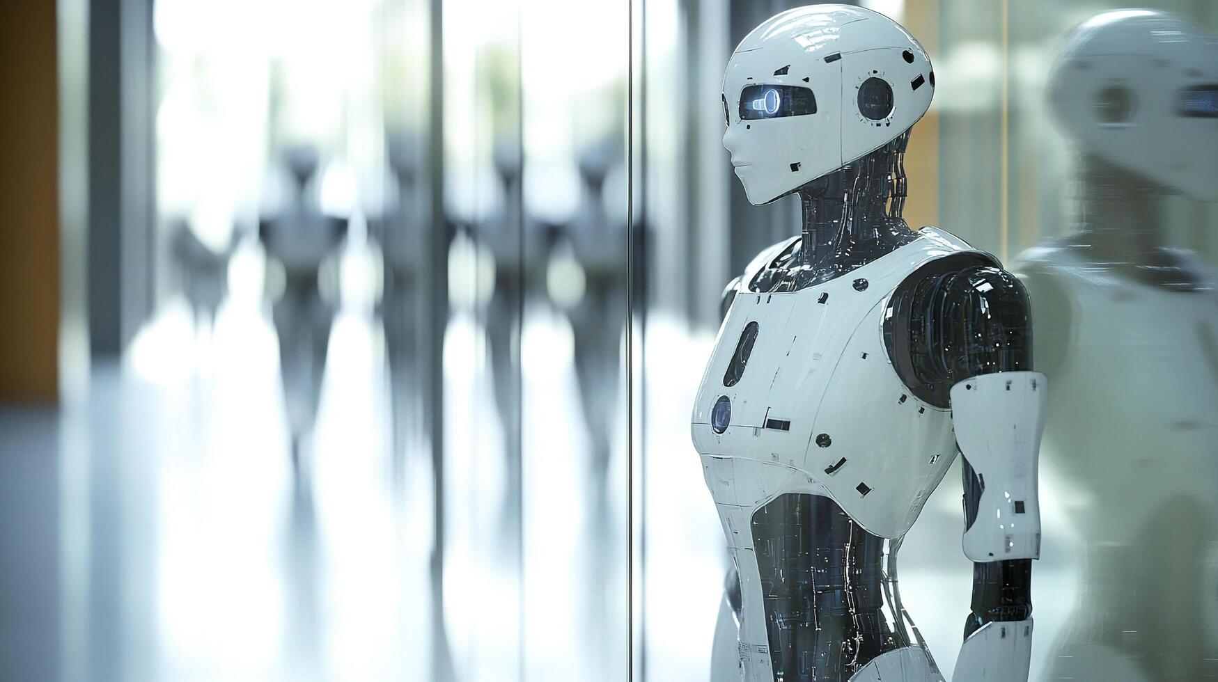 Futuristic humanoid robot in a sleek, modern environment, showcasing advanced artificial intelligence and robotic technology. photo