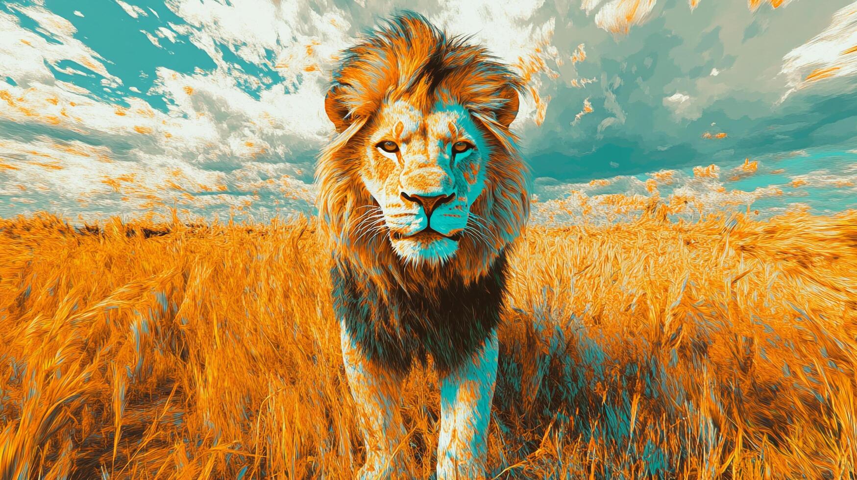 Regal lion with golden mane stands proudly in a field, its gaze fierce and commanding against the azure sky with wispy clouds. photo