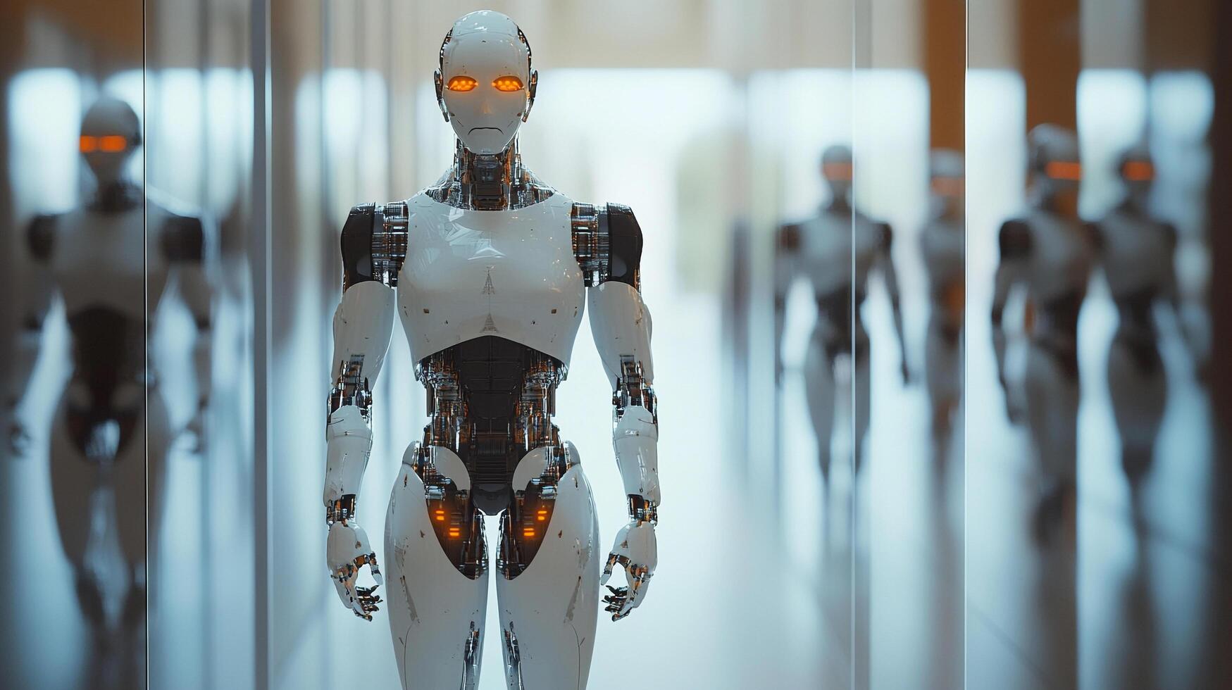Futuristic humanoid robot with glowing eyes stands out against a backdrop of identical robots, showcasing advanced artificial intelligence. photo