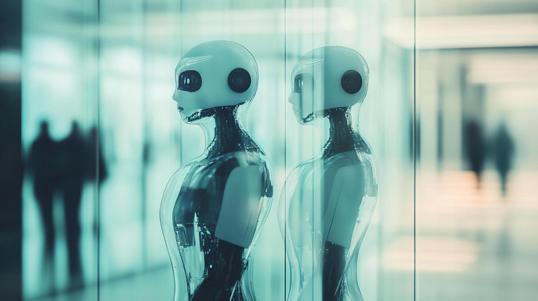 Two humanoid robot figures stand encased behind glass, evoking a sense of futuristic mystery. The monochromatic lighting emphasizes their form. photo