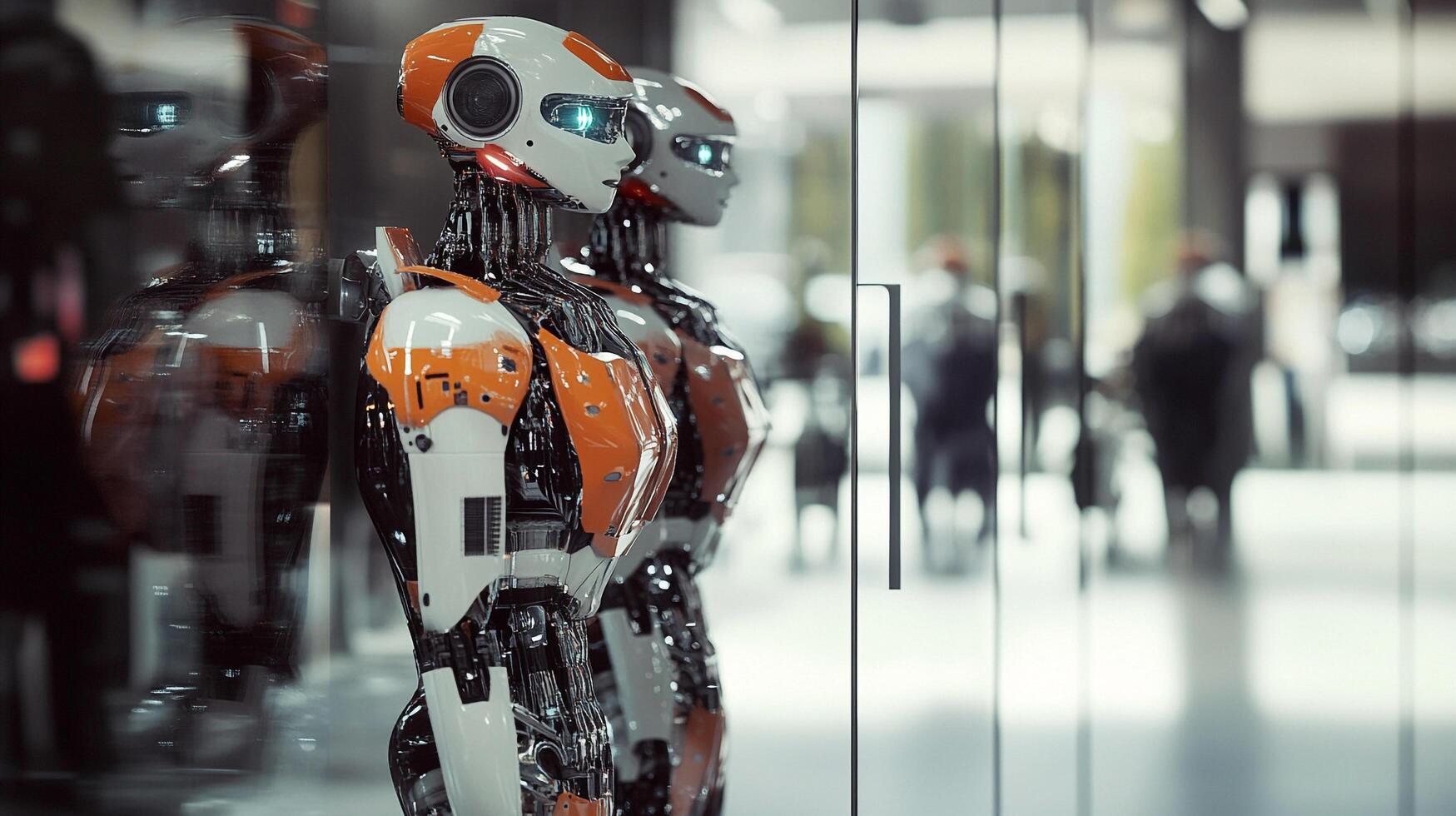 Futuristic robots stand guard behind glass, blending cutting-edge technology with sleek design for a glimpse into the future. photo