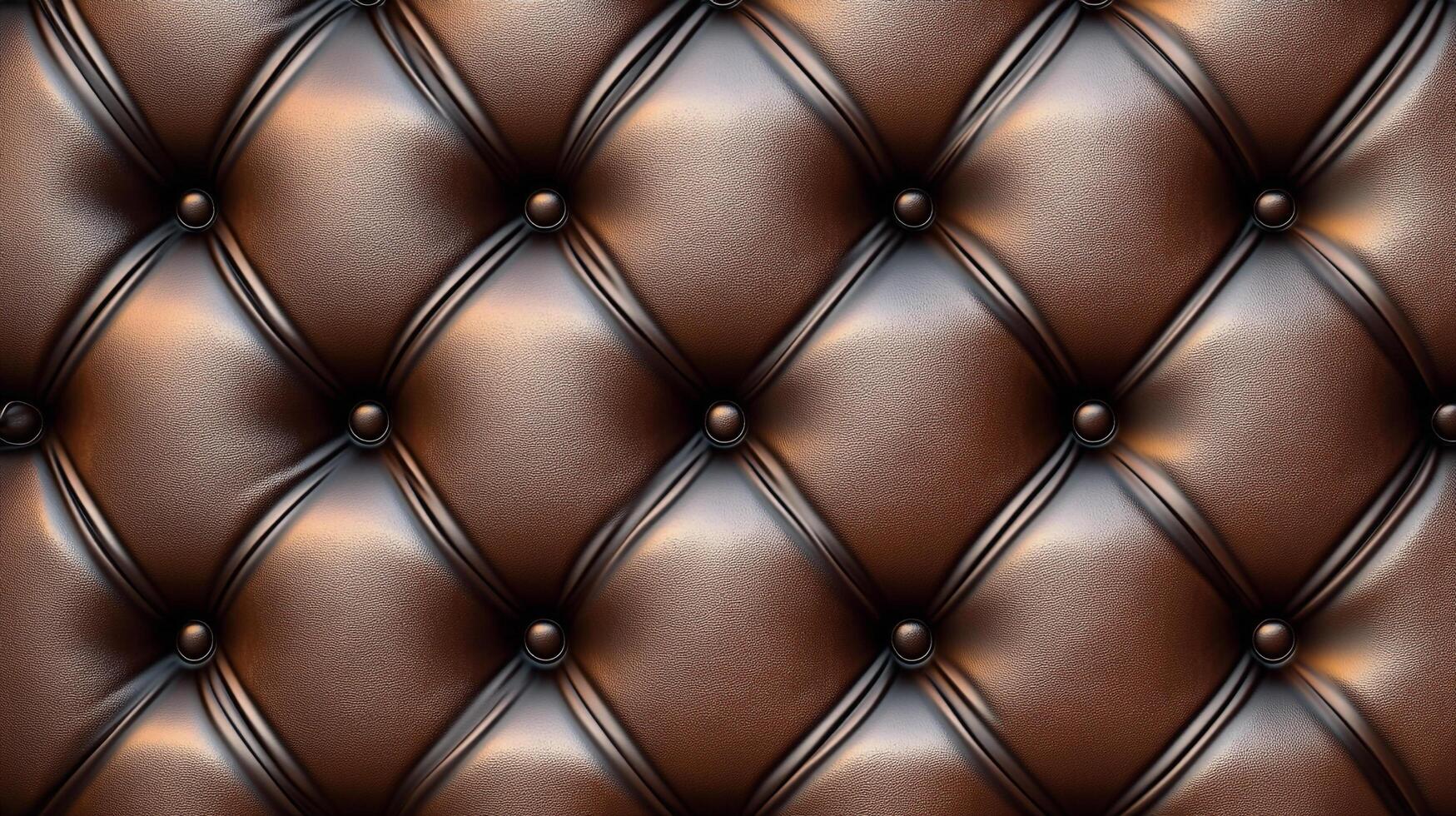 Close-up shot of a diamond-patterned, brown tufted leather surface, showing detailed stitching and buttons in a luxurious, vintage style. photo