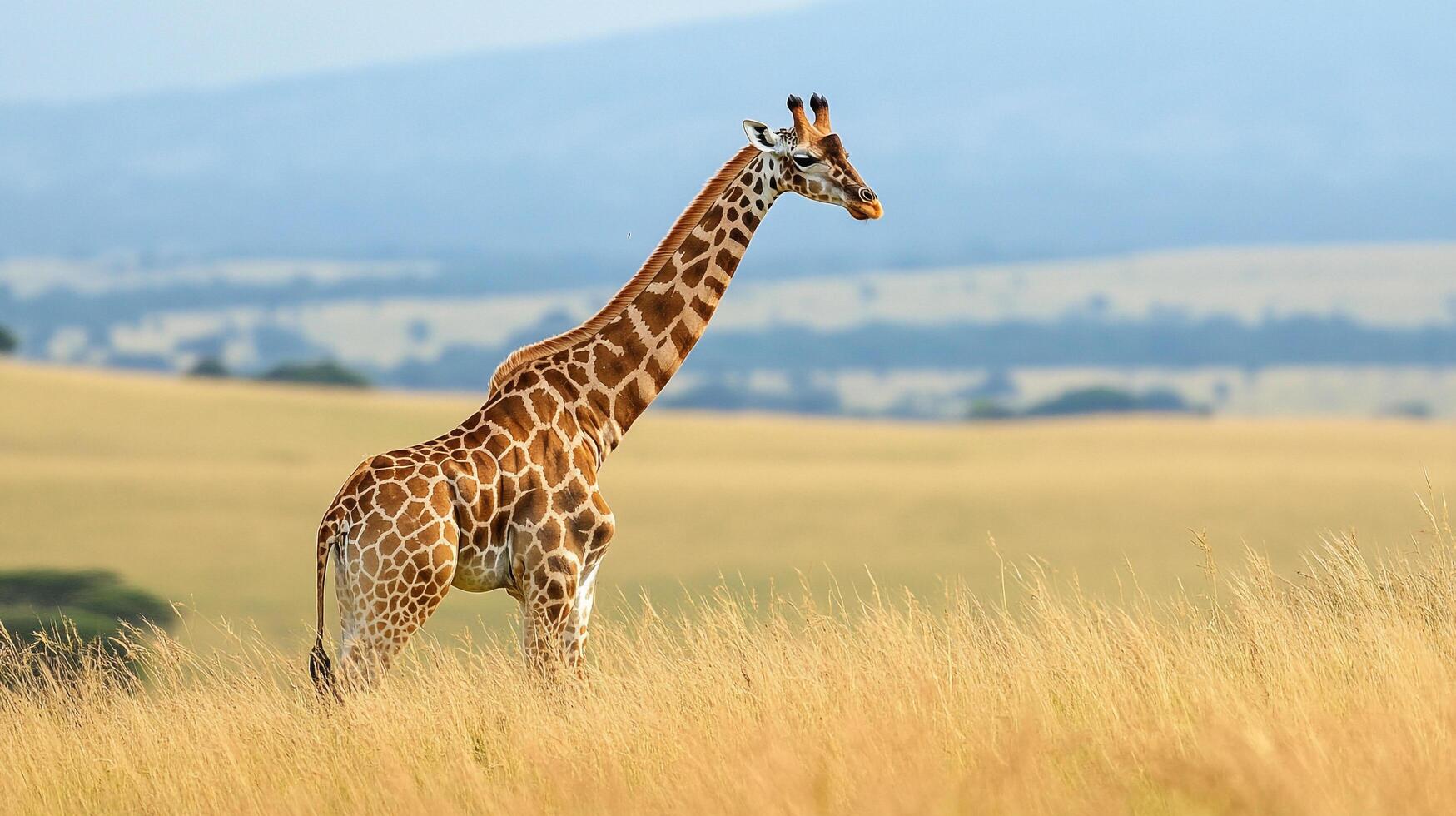 Giraffe standing tall in a golden grassy field under a clear sky, serene wildlife scenery in its natural habitat. photo