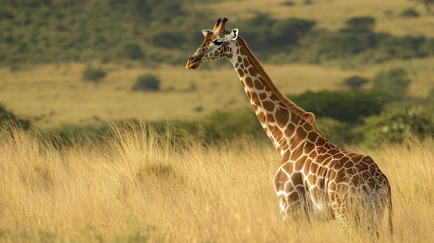 Giraffe grazes in golden grassland, neck gracefully reaching to the horizon. Tall, spotted, nature's gentle giant in serene landscape. photo
