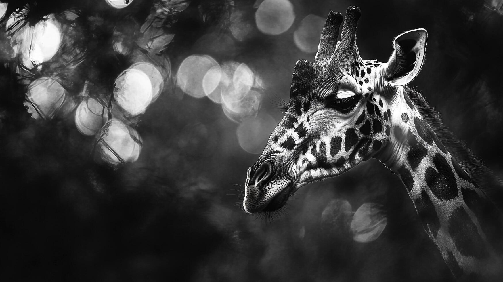 Monochromatic giraffe portrait with bokeh background, showcasing serene wild elegance and captivating contrast. photo