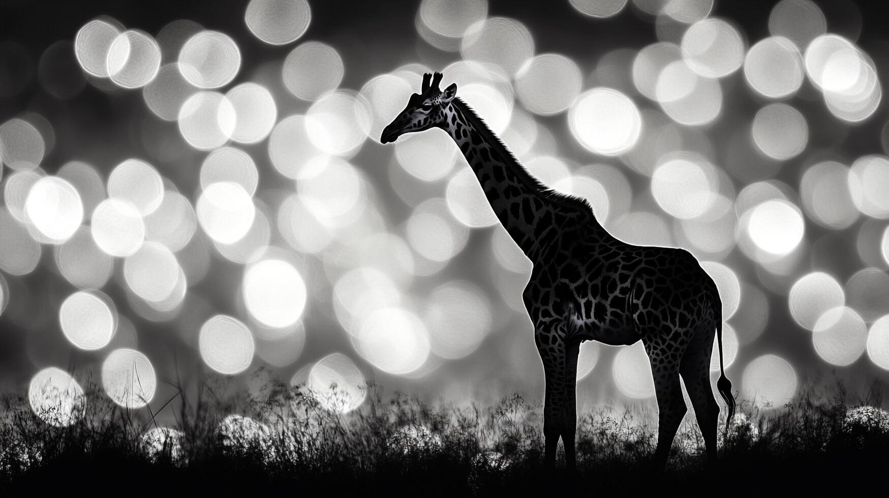Serene giraffe silhouette in a dreamy, bokeh-lit landscape. Majestic and calm, a symbol of grace against a soft backdrop. photo