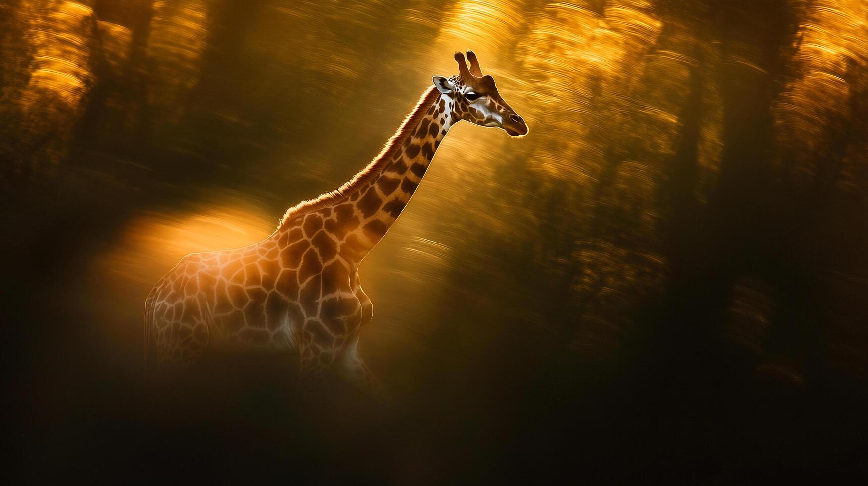 Giraffe silhouette against a golden bokeh backdrop. This creature is caught in a spotlight that highlights its unique pattern. photo