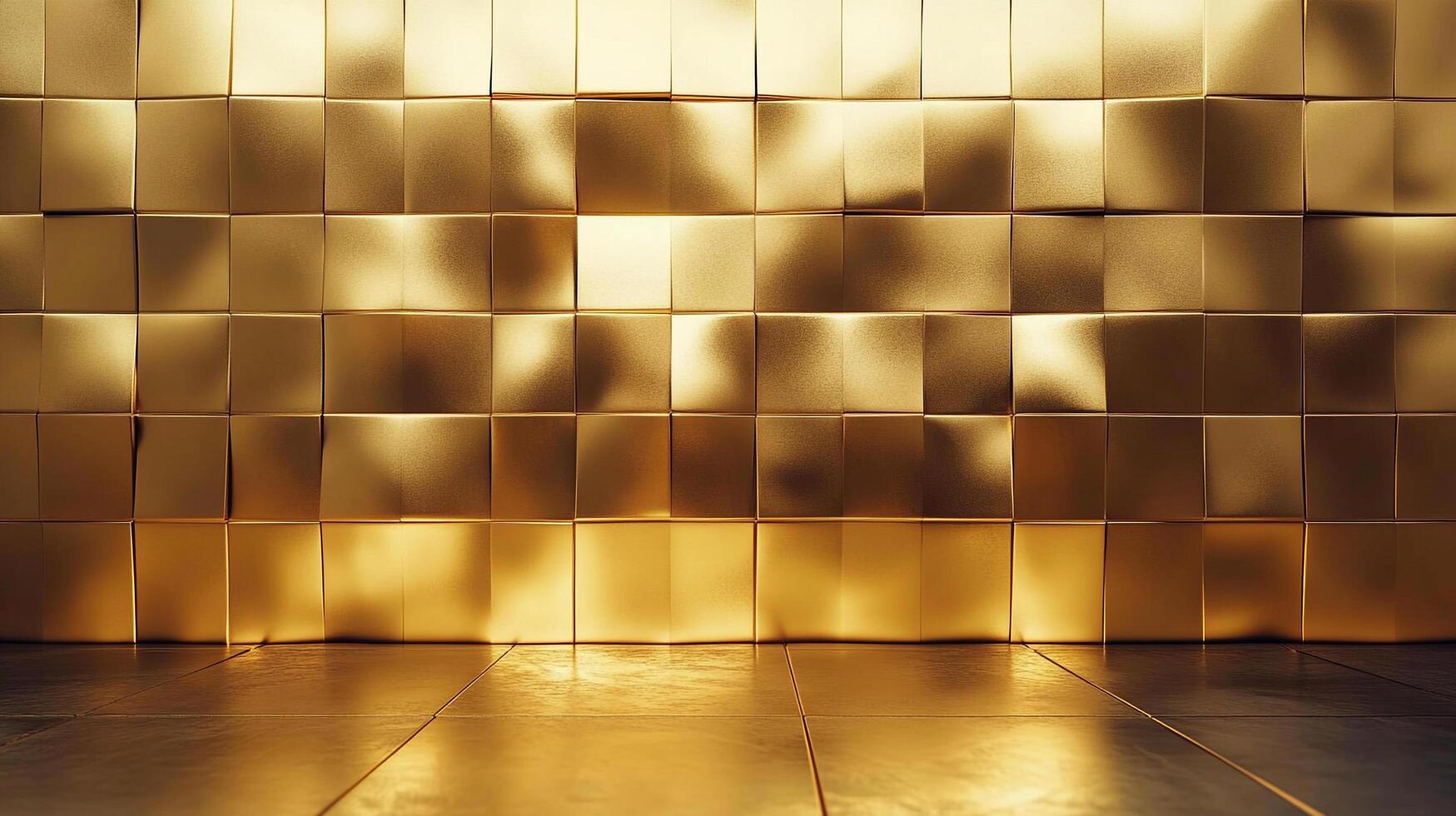 Abstract golden wall texture with a shiny surface, resembling a modular design with a floor reflecting the golden hue. photo