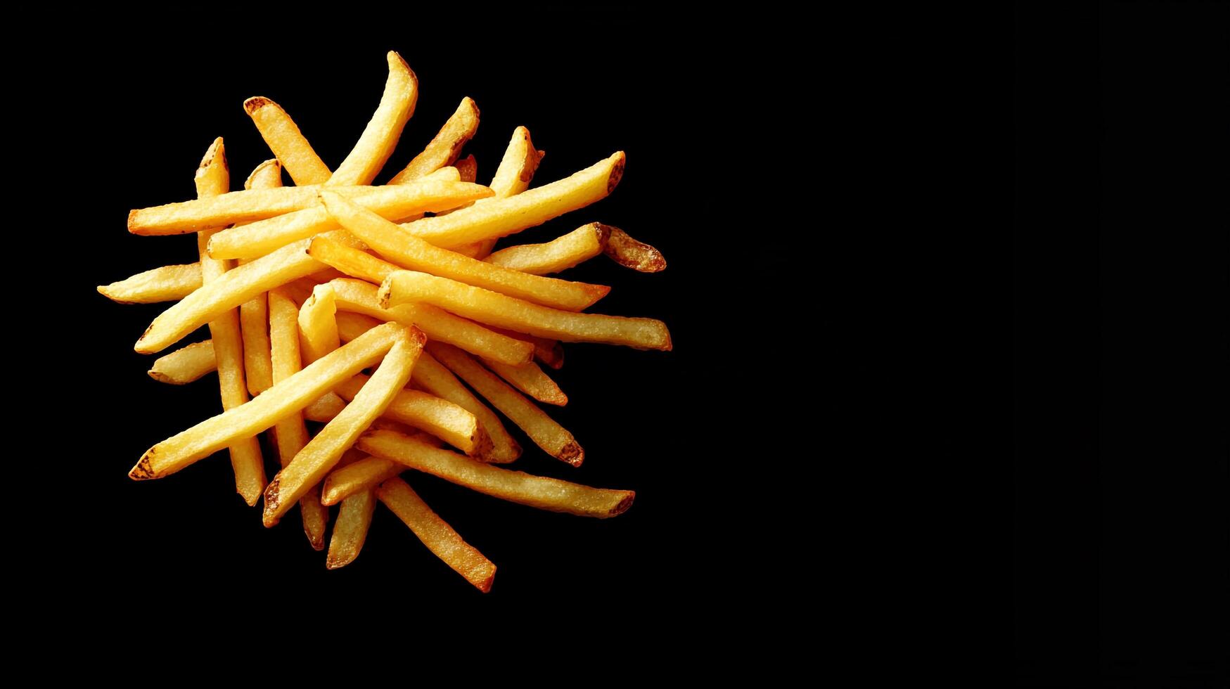 Crispy golden fries are piled high in this culinary photo. It is tasty and popular. Copy space on black background. photo