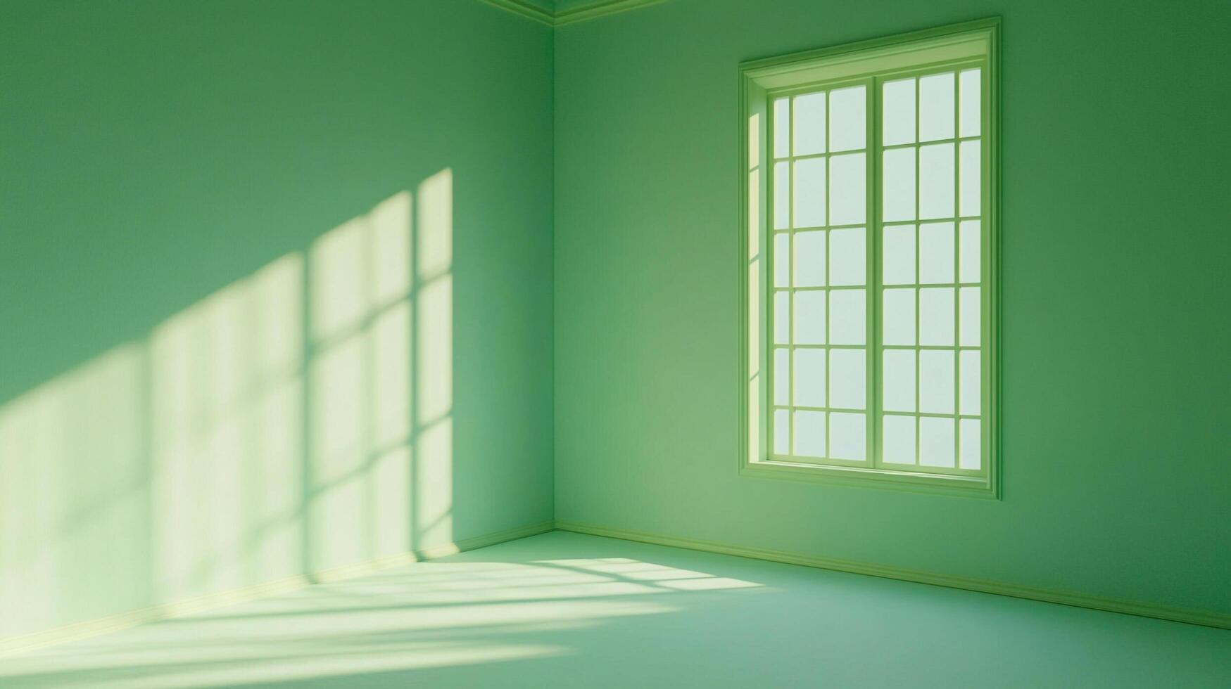 Sunlight streams through a window in an empty light green room, creating shadows. The scene is simple and serene in its monochrome. photo