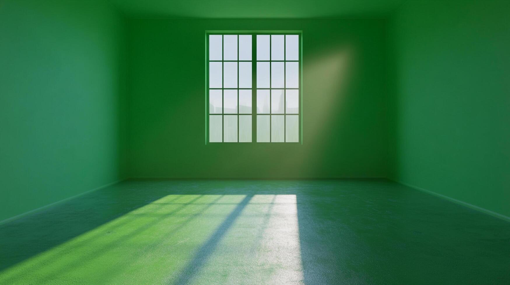 An empty room painted in green, illuminated by natural light streaming through a window, creating a sense of serenity and potential. photo