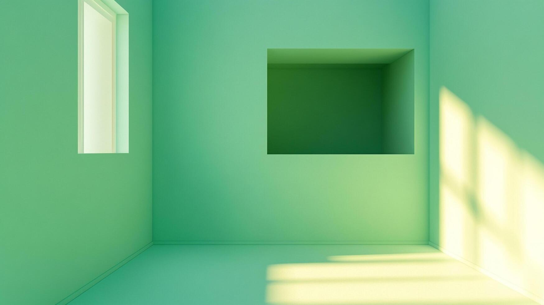 Minimalist room in pale green, with window, niche, and soft sunlight. Architectural simplicity and tranquil light define the space. photo
