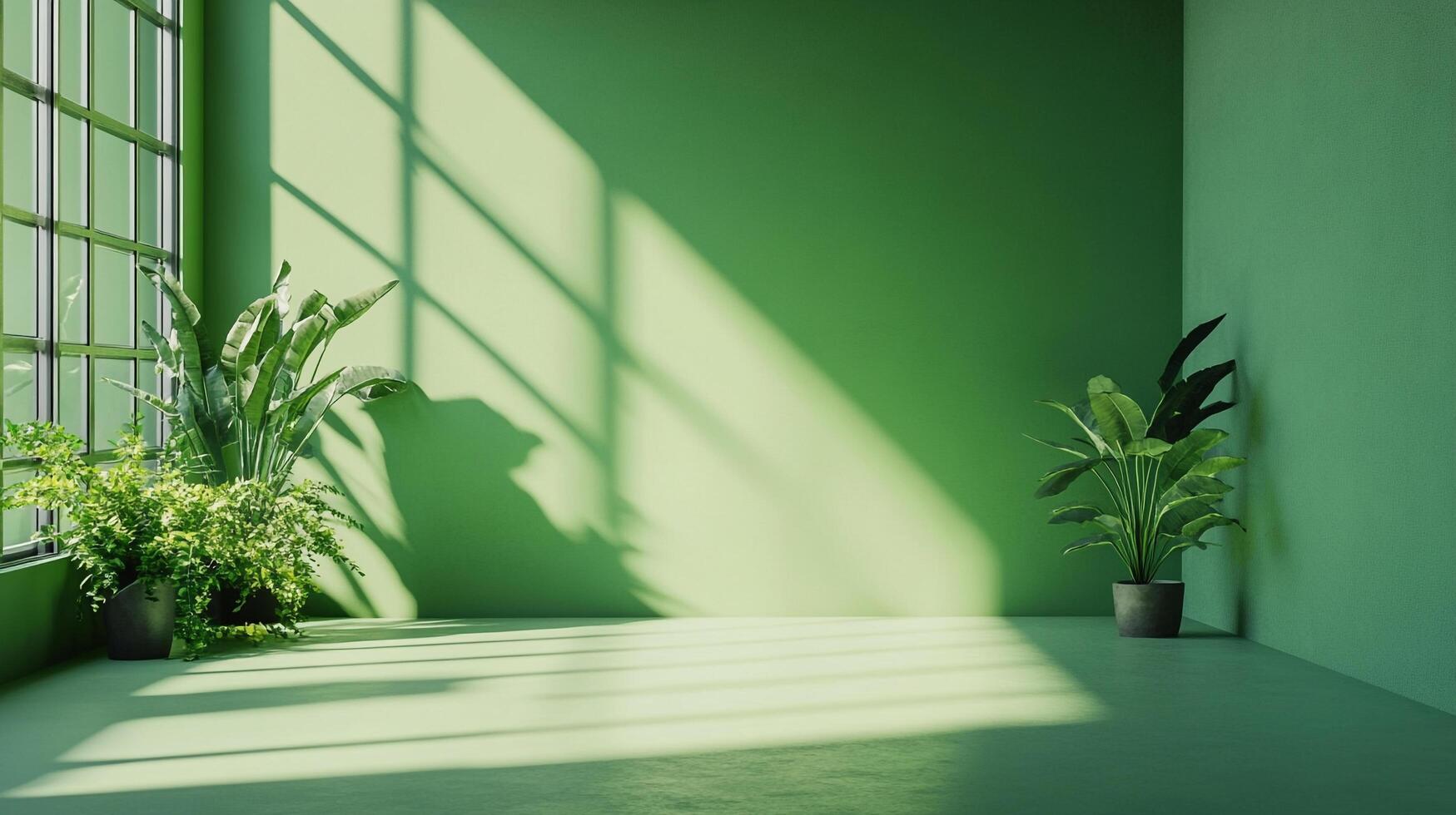 Verdant indoor space with sunlight casting shadows on a green wall, complemented by lush potted plants. A tranquil and refreshing scene. photo