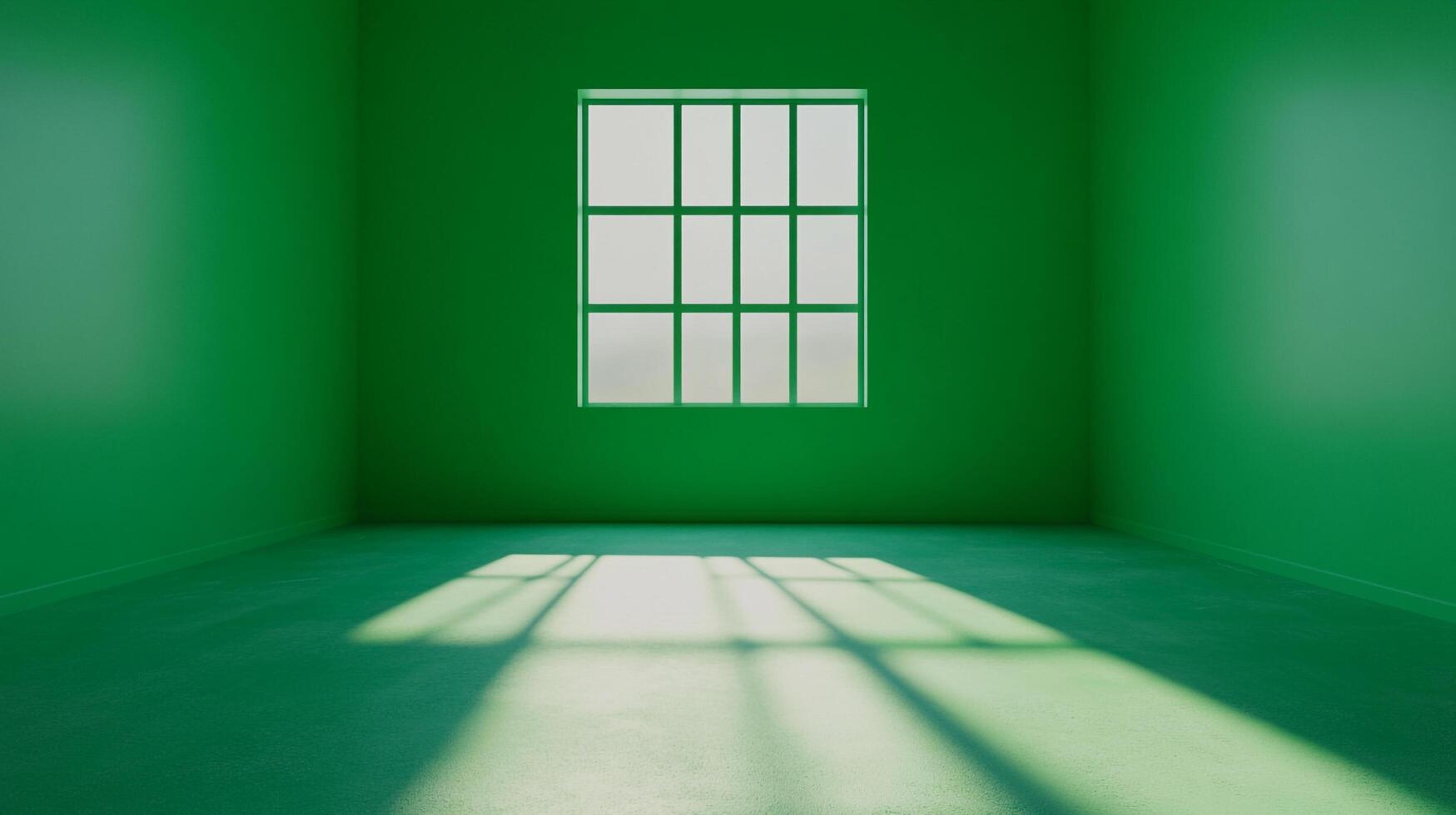 Empty green room illuminated by sunlight filtering through a window, creating sharp shadows on the floor. Minimalistic and monochromatic. photo