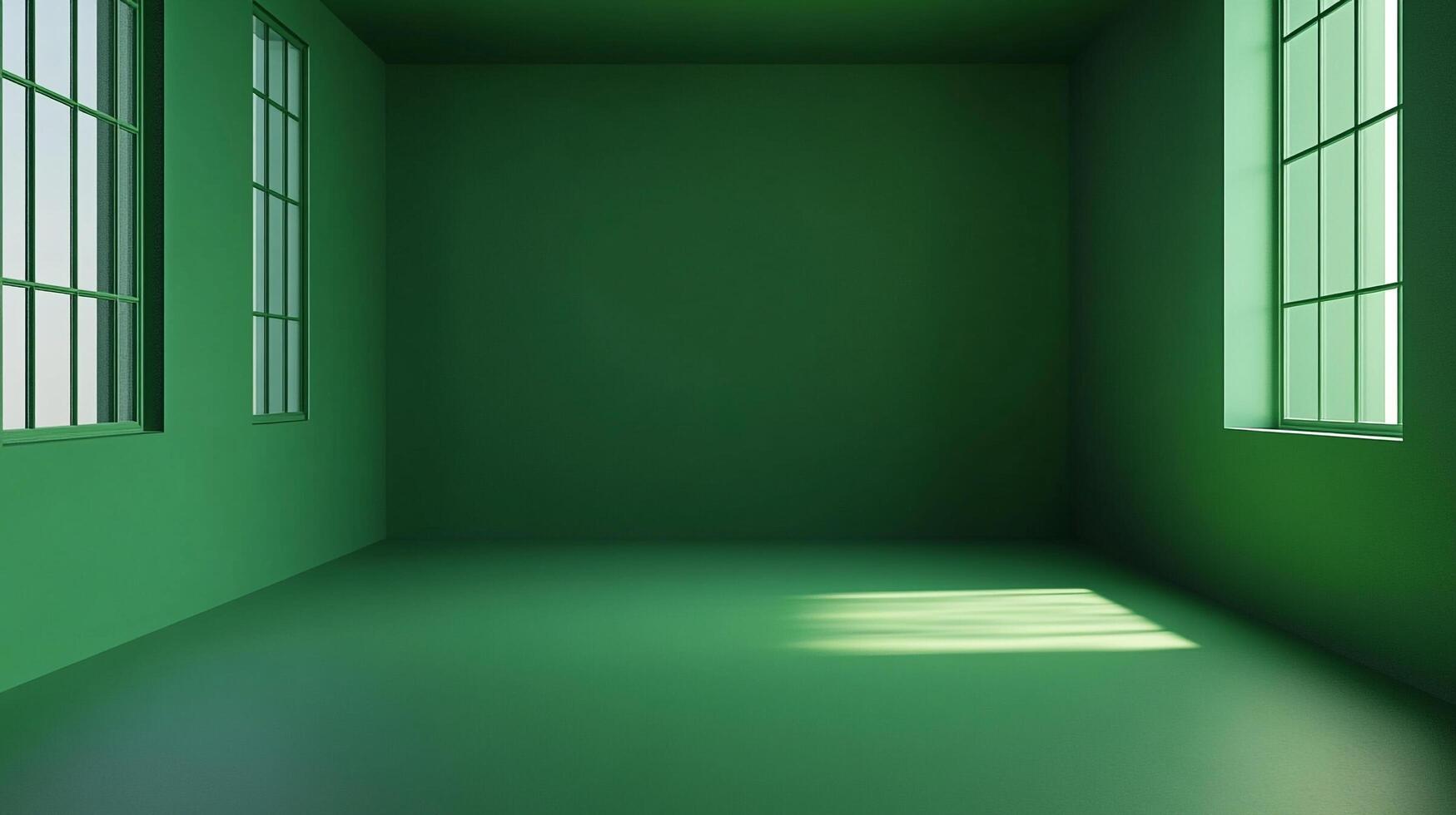 An empty room bathed in green with sunlight streaming through the windows, creating a serene and minimalist atmosphere. The light illuminates the floor. photo