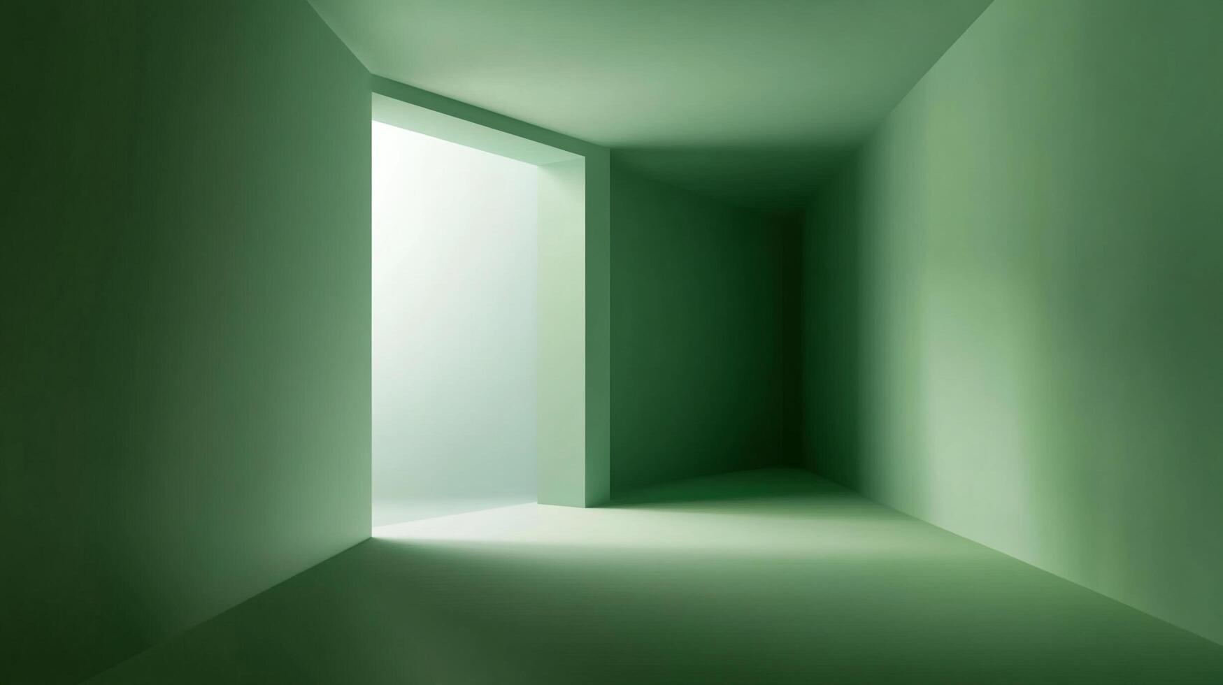 Abstract architecture featuring a minimalistic green hallway with a bright doorway, creating a sense of depth and serene atmosphere. photo