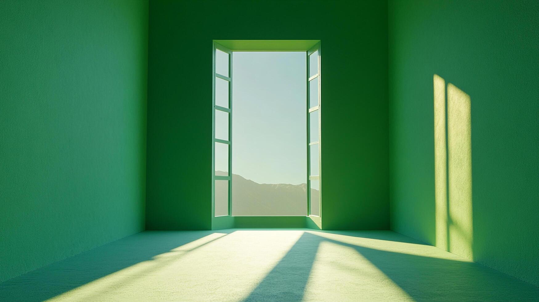 A green room with an open window reveals a mountain view, bathed in sunlight, creating a peaceful and inviting atmosphere. Serene indoor space. photo