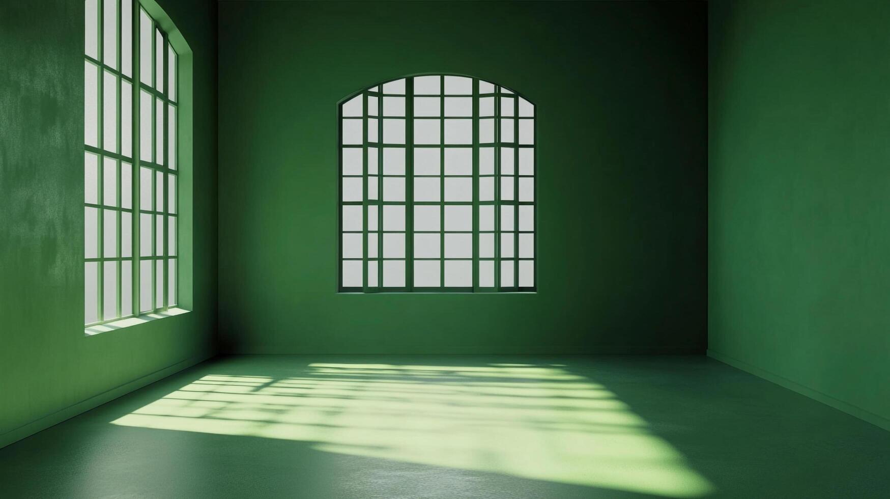Green room bathed in sunlight. Large windows cast shadows across the floor, creating a calming and minimalist ambiance. Interior design. photo