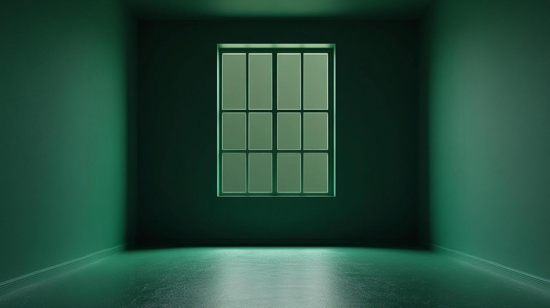 Minimalist green room with a window, creating a sense of calm and simplicity, perfect for a quiet retreat or peaceful contemplation. photo