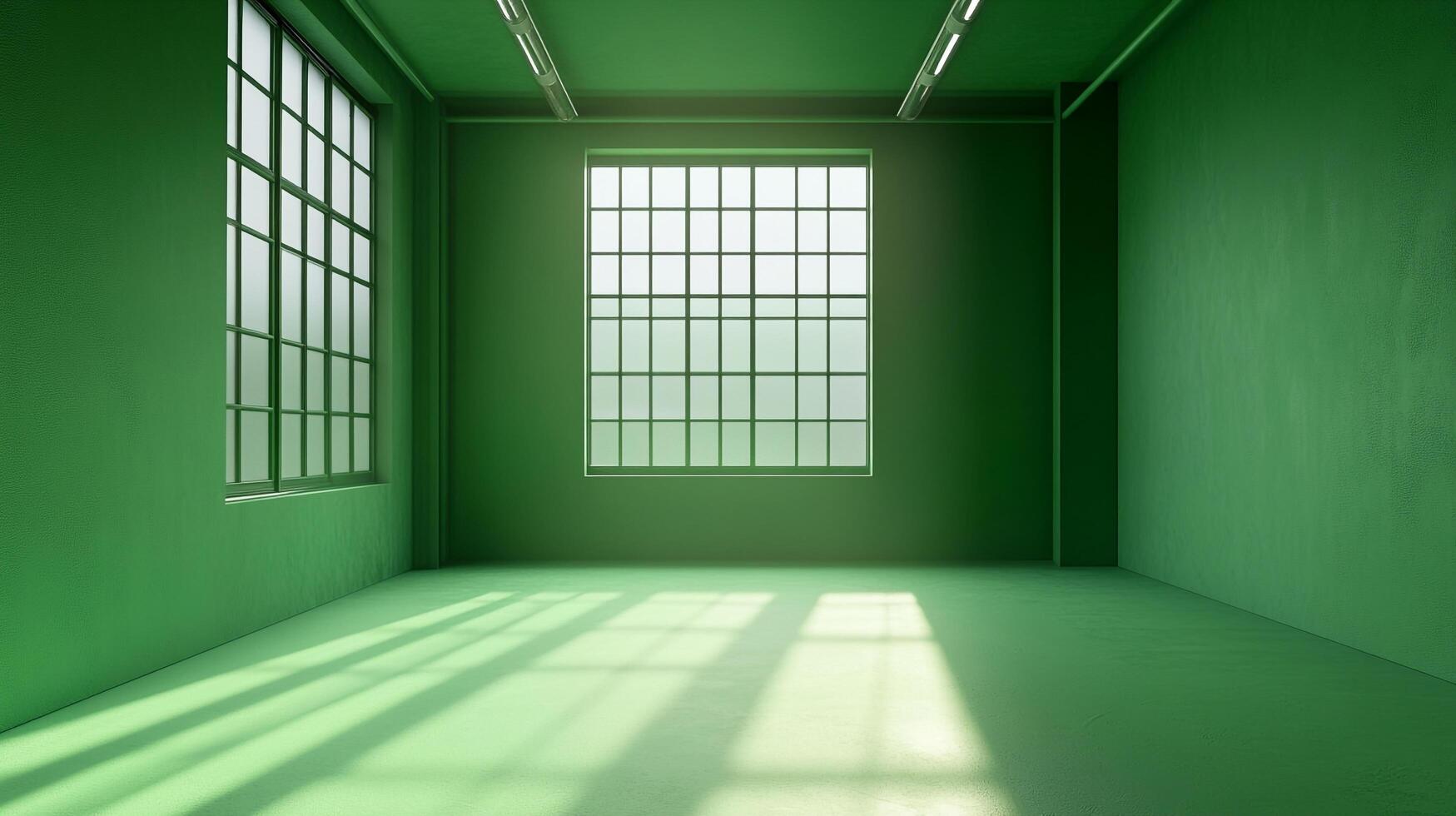A vibrant green room basks in natural light streaming through large windows, creating a serene and inviting space with minimalist design. photo
