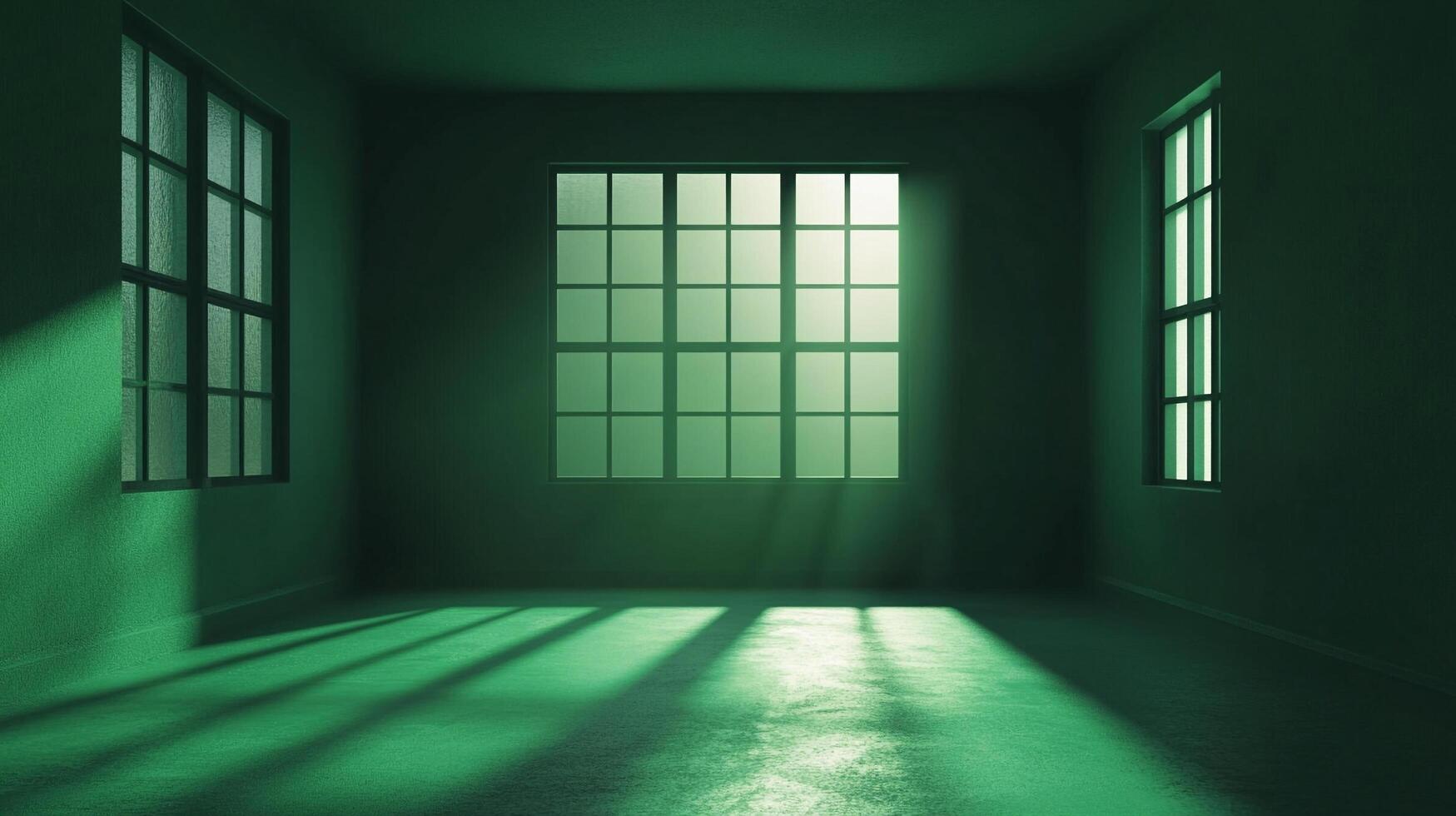 Empty green room with sunlight streaming through windows, creating an eerie and serene atmosphere, light beams dance on the floor. photo