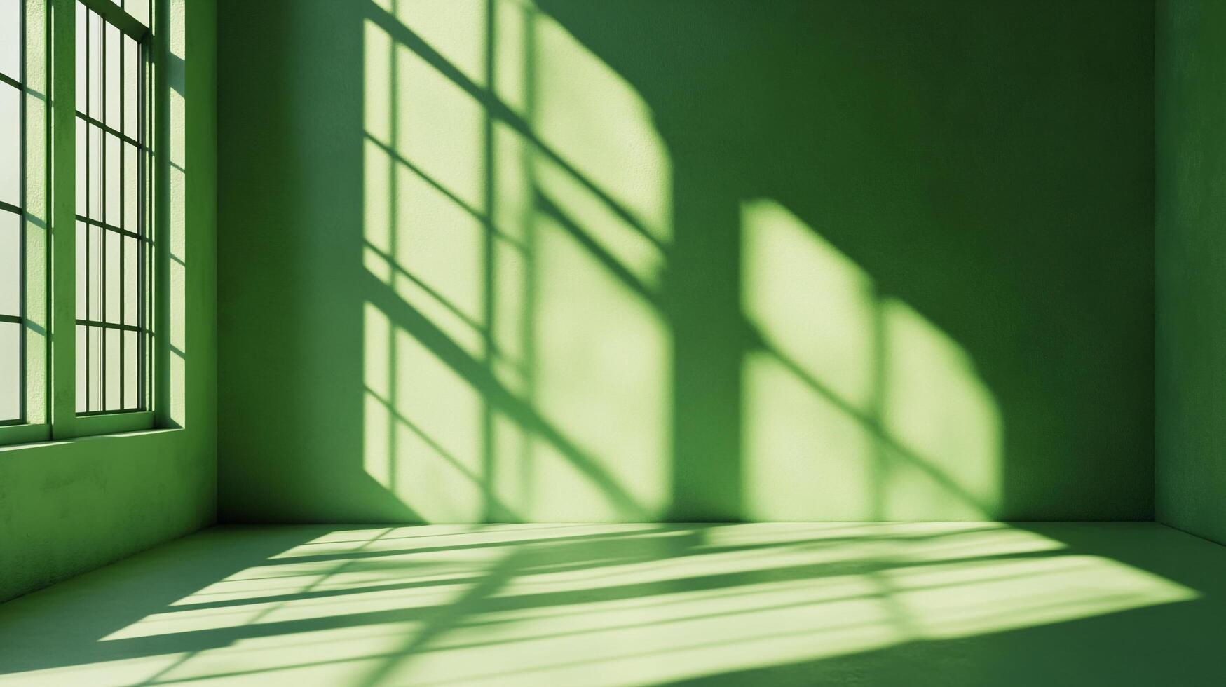 Light and shadows create an abstract play on a green wall, casting interesting patterns on the floor and walls. photo